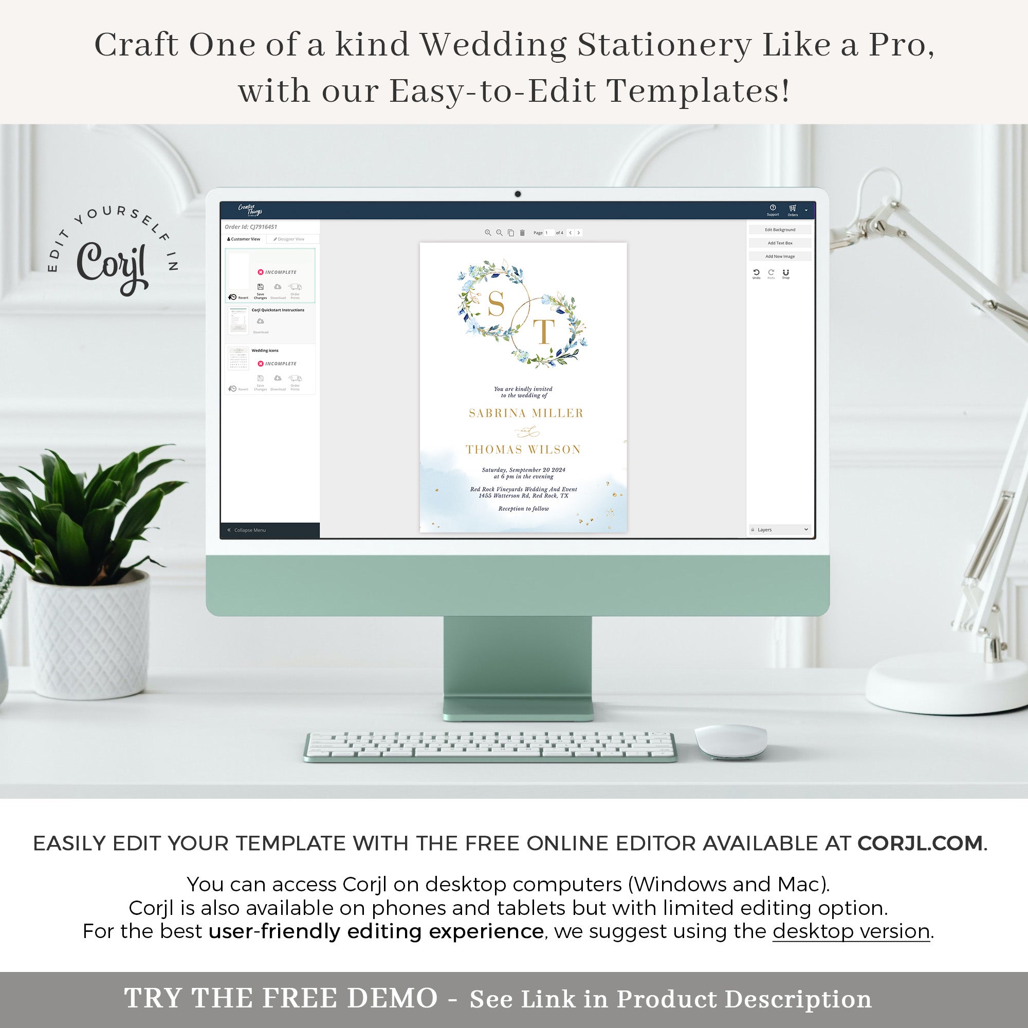 AZZURRA Dusty Blue Wedding Invitation Suite Template