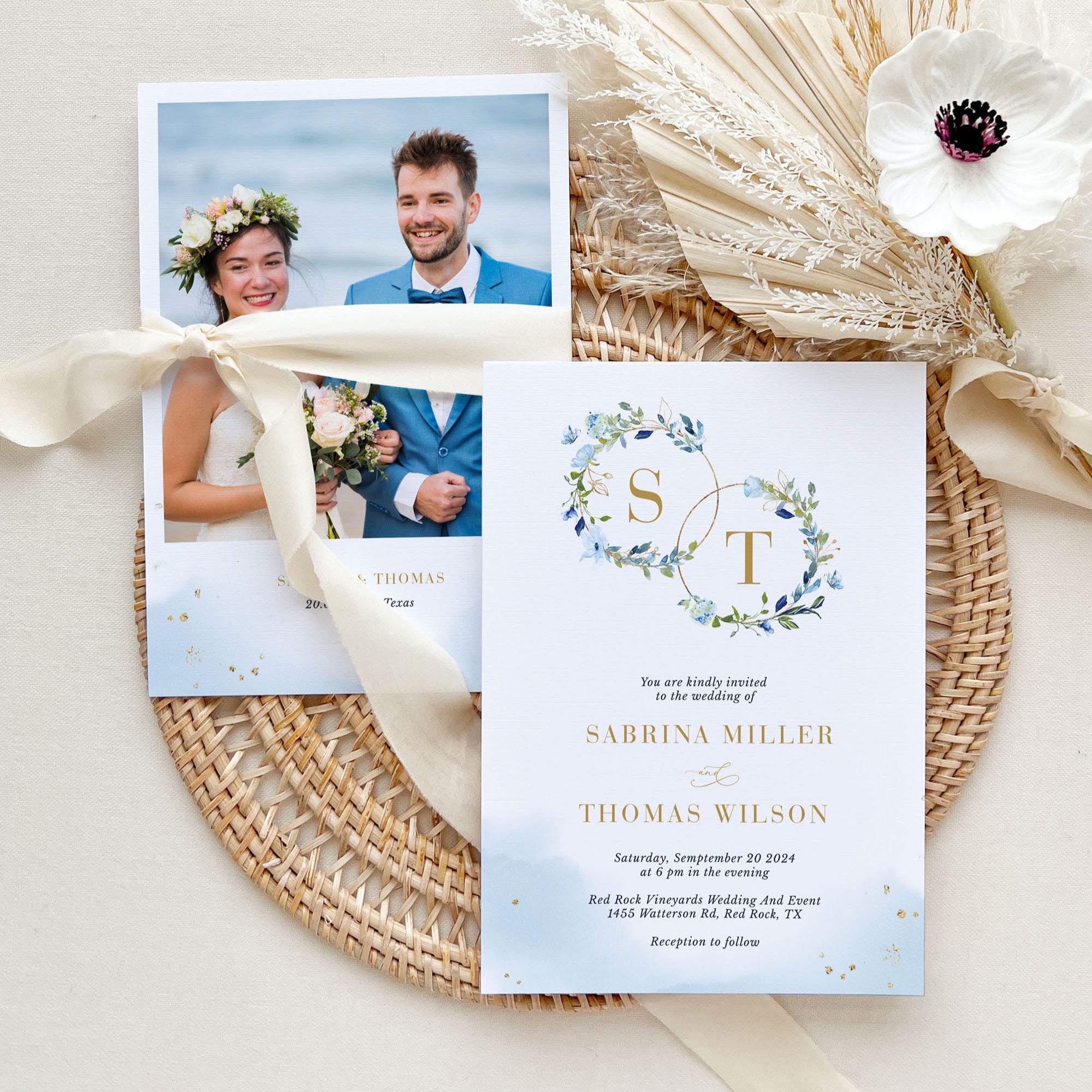 AZZURRA Dusty Blue Wedding Invitation Card Template