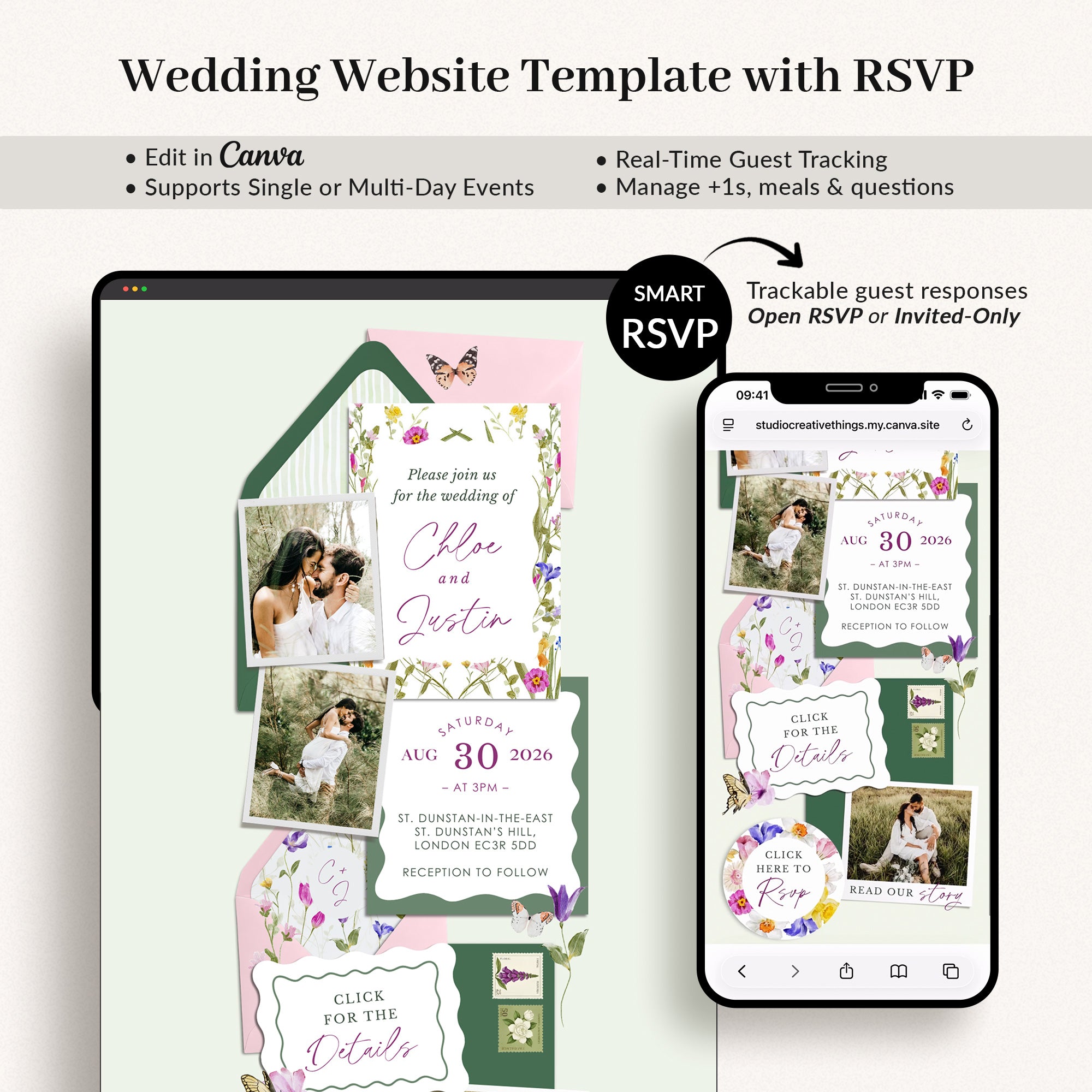 CLOE Wedding Website Template for Canva with RSVP