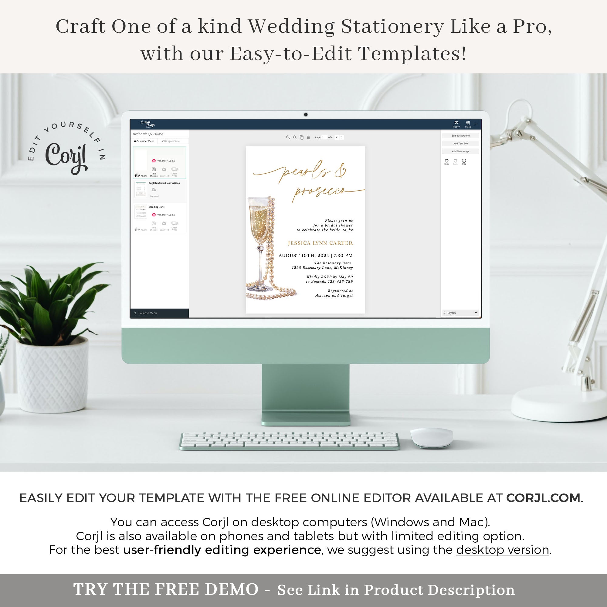 Pearls and Prosecco Bridal Shower Card Printable