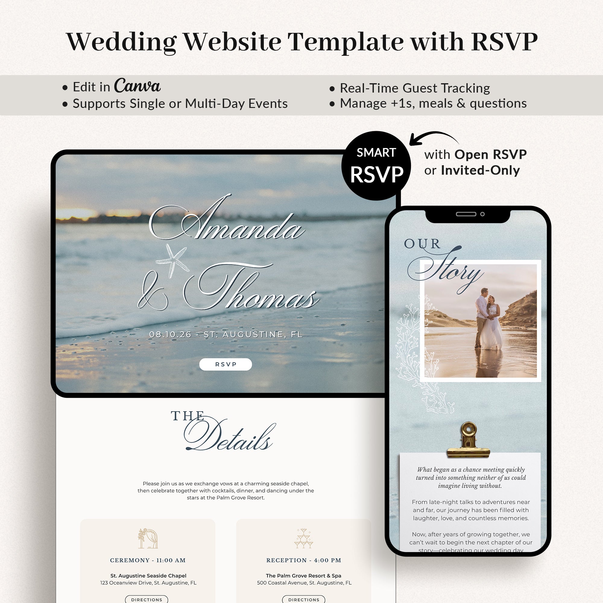 Beach Themed Canva Wedding Website Template with Online RSVP