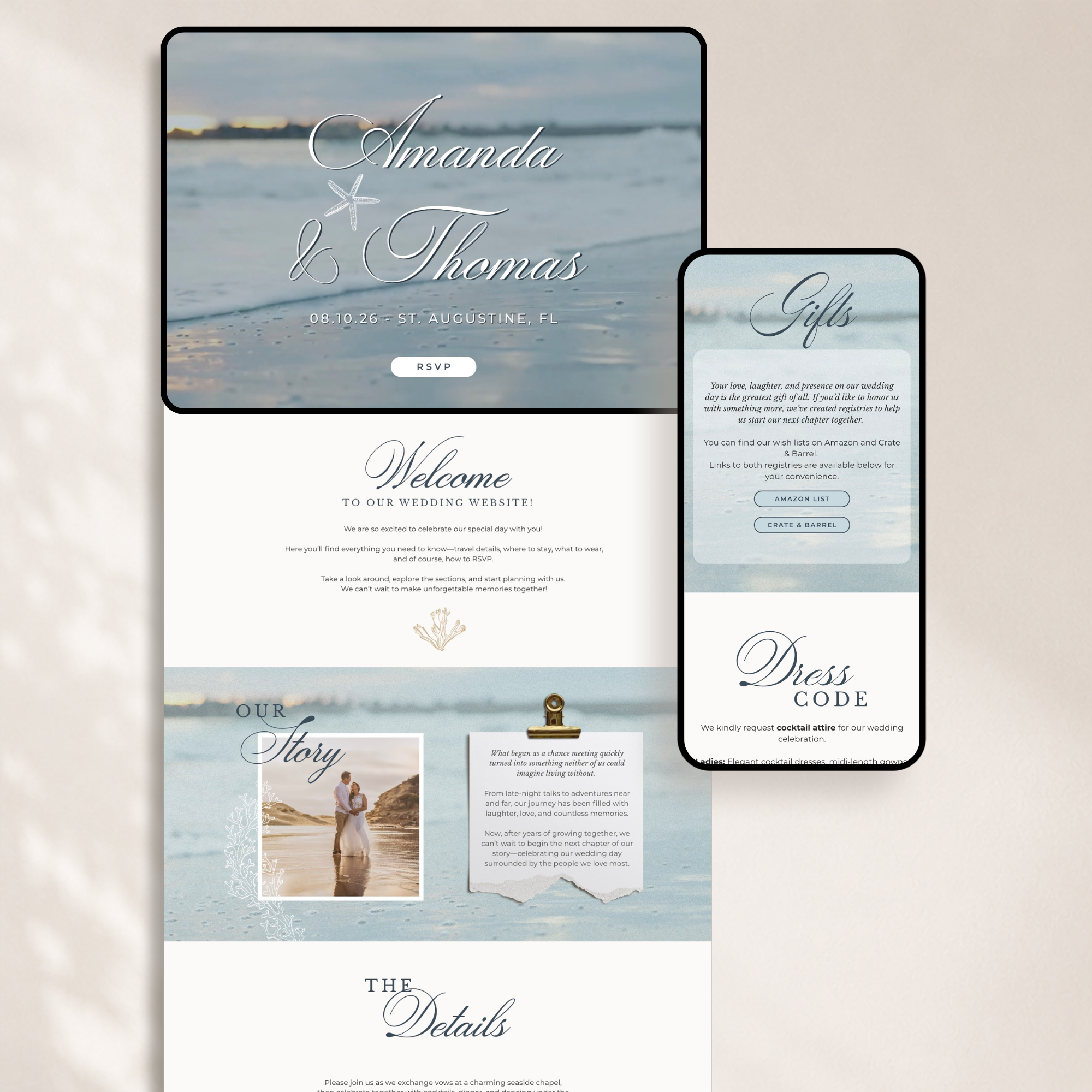 Beach Themed Canva Wedding Website Template with Online RSVP