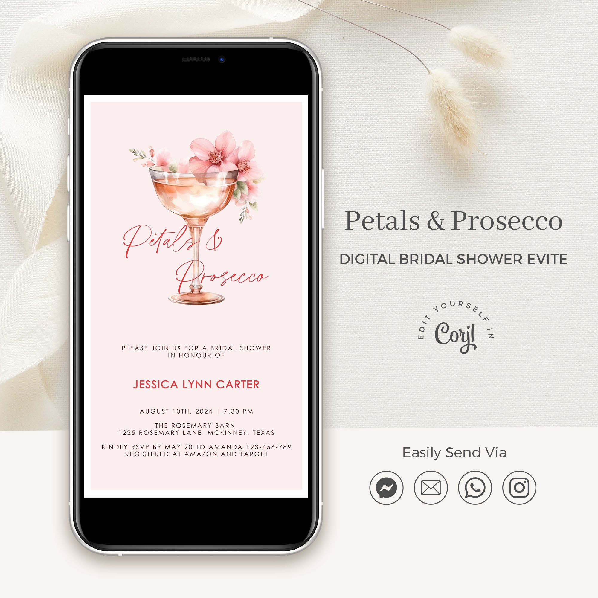 Petals and Prosecco Bridal Shower Card Digital
