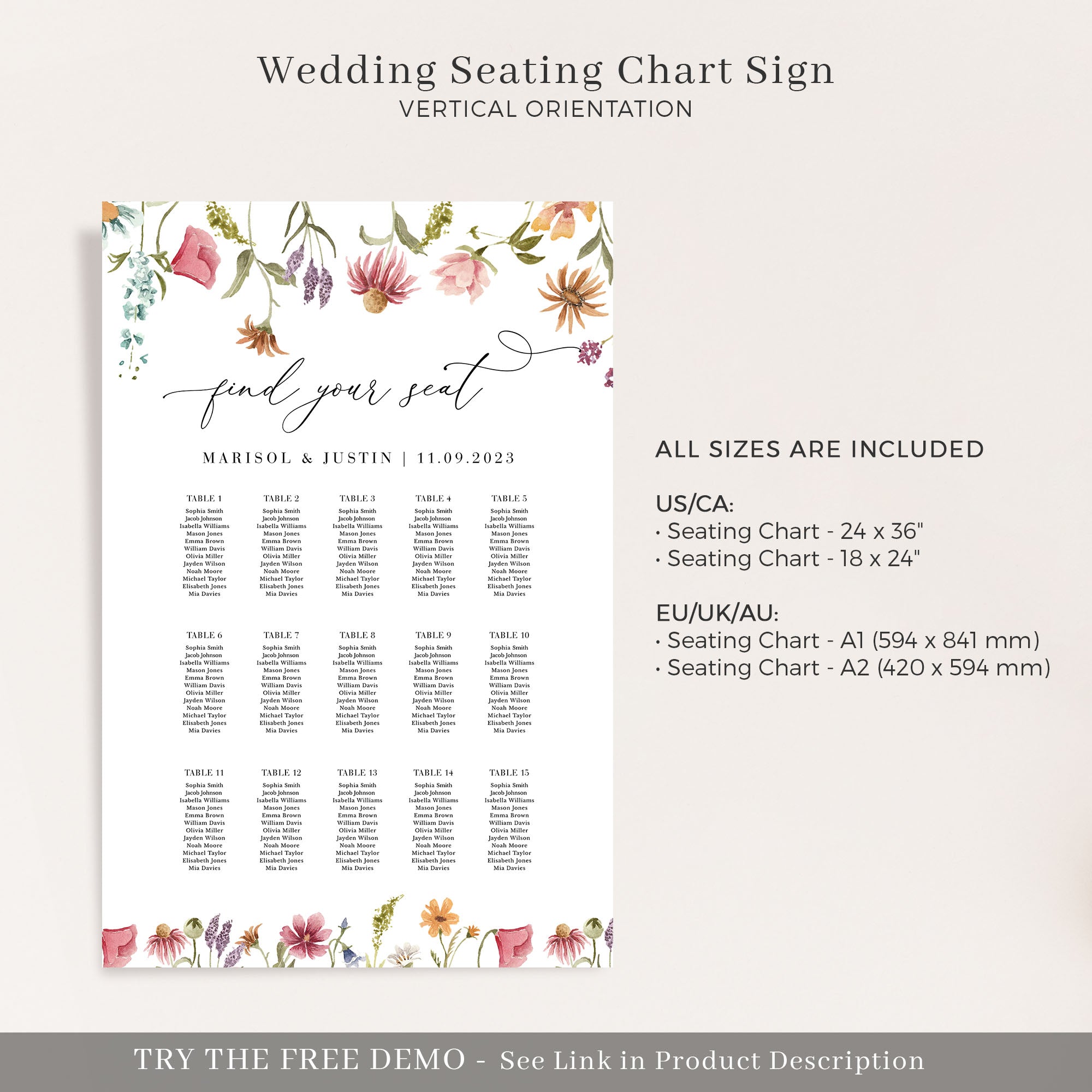APRIL Printable Wedding Seating Chart Template