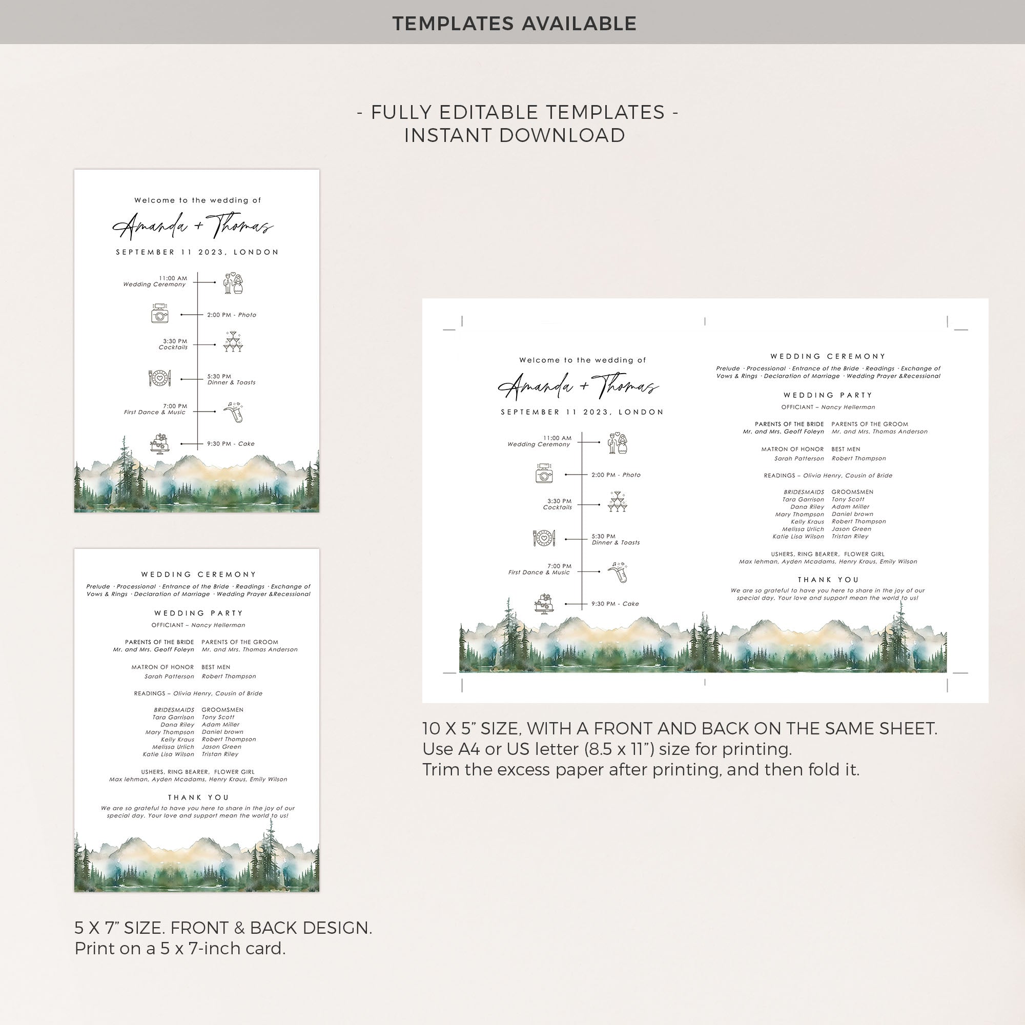 ARNA Mountain Wedding Program Fans Diy