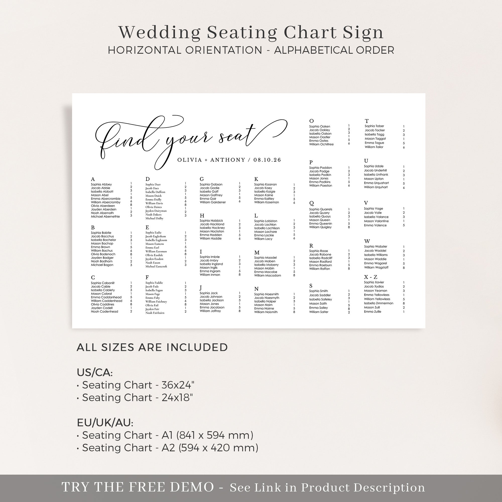 ELLA Printable Alphabetical Seating Chart for Wedding
