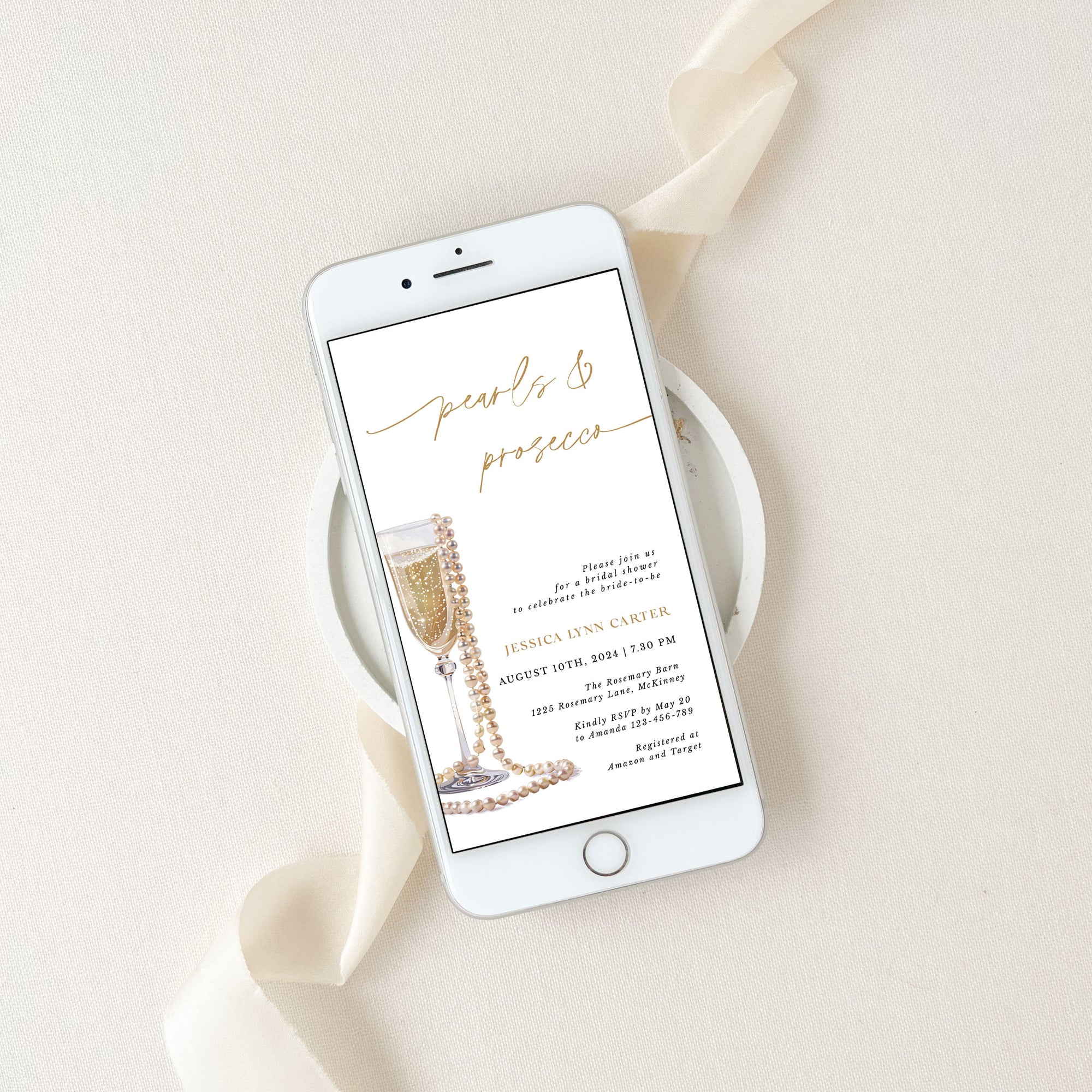 Pearls and Prosecco Bridal Shower Card Digital