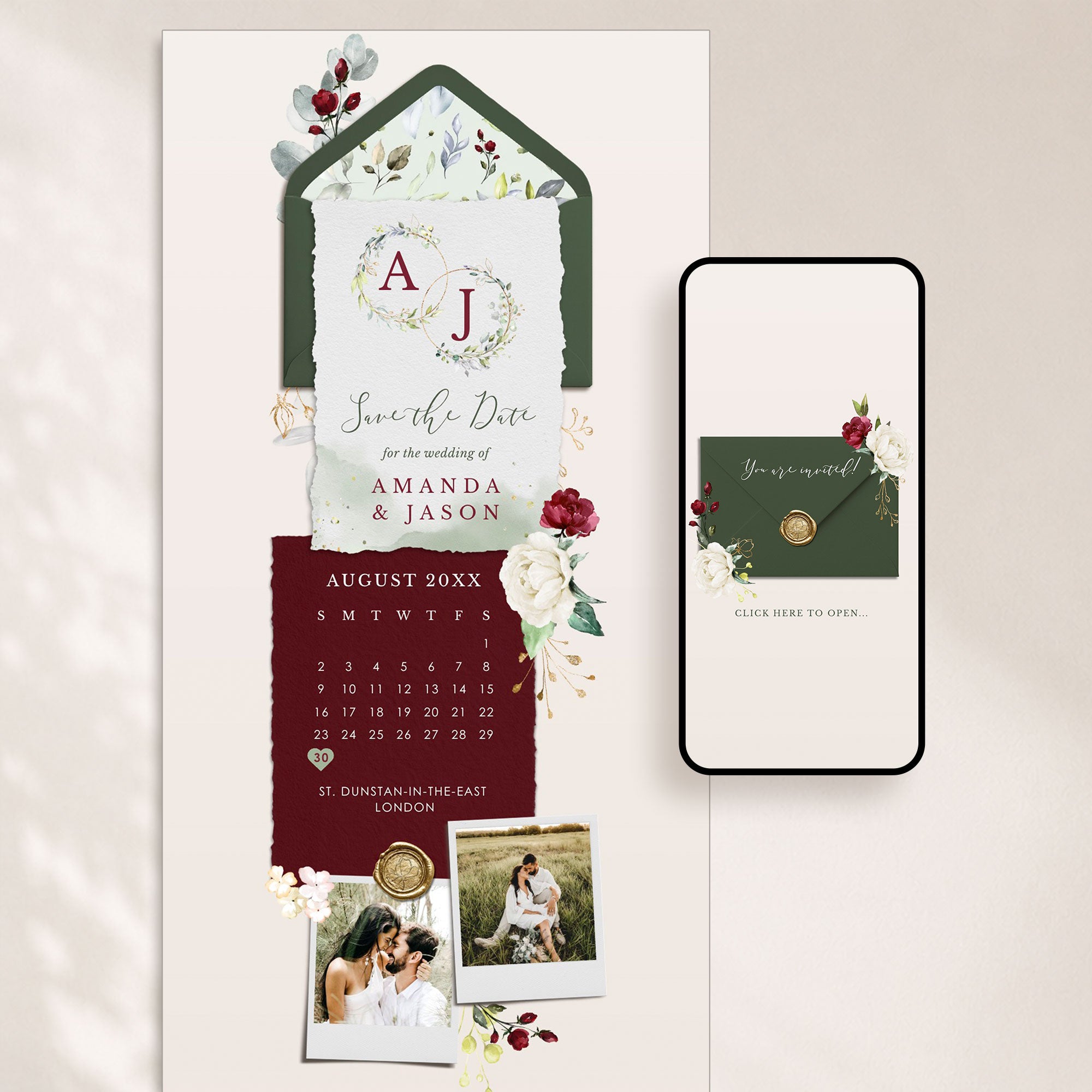 FLORA Online Digital Save the Date - Olive & Burgundy
