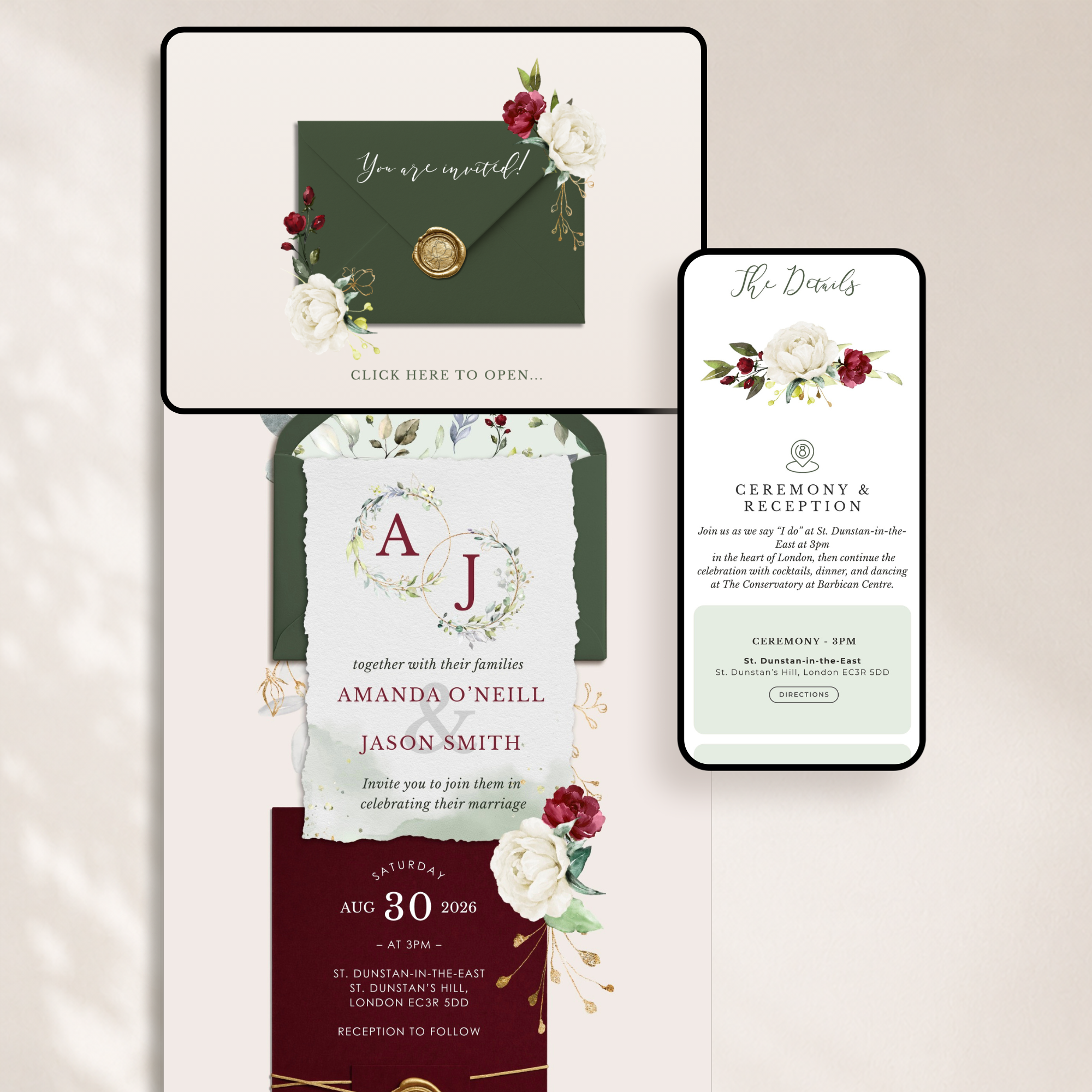 Flora Wedding Website Template for Canva with RSVP - Burgundy & Olive Green