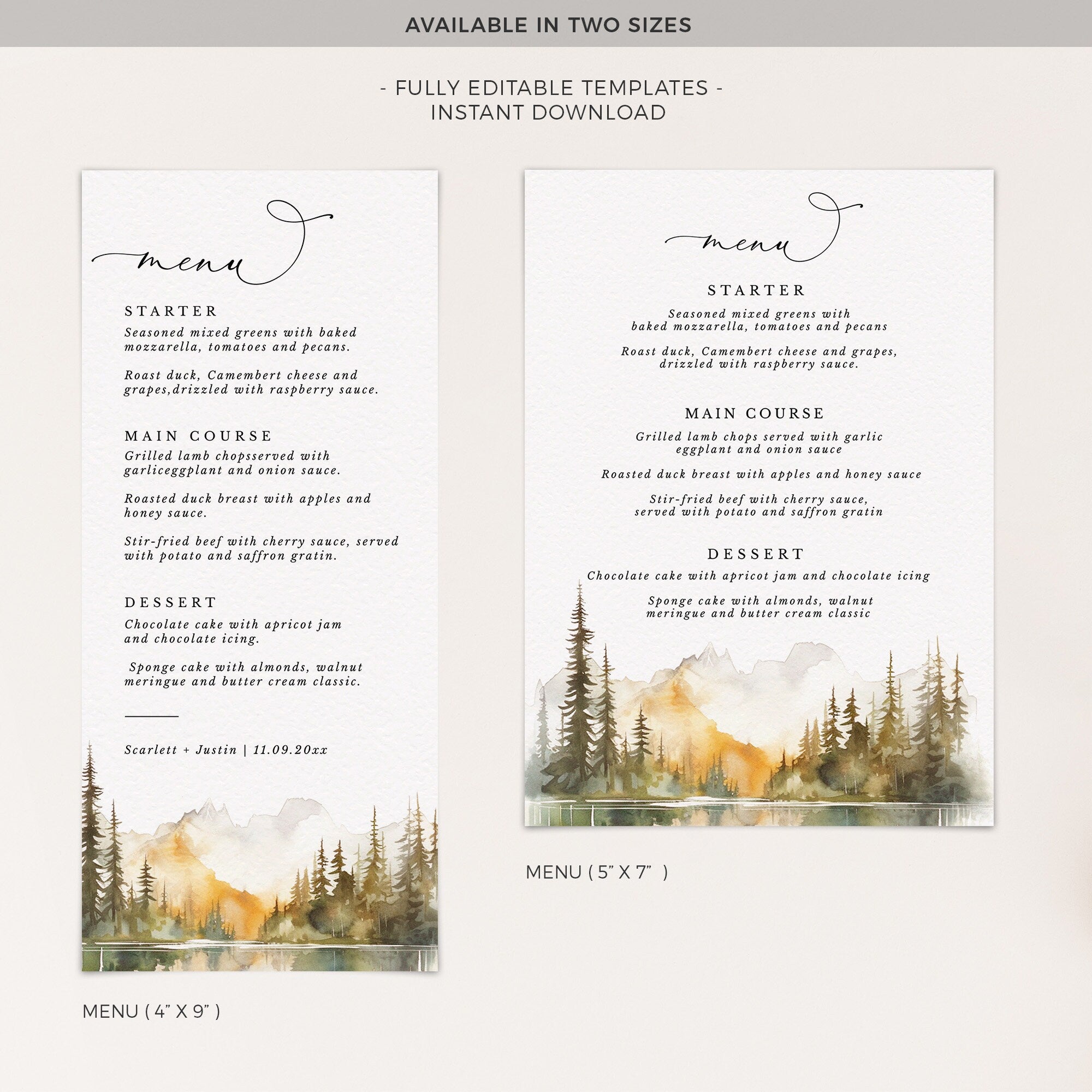 ARNA Fall Mountain Wedding Table Menu Cards