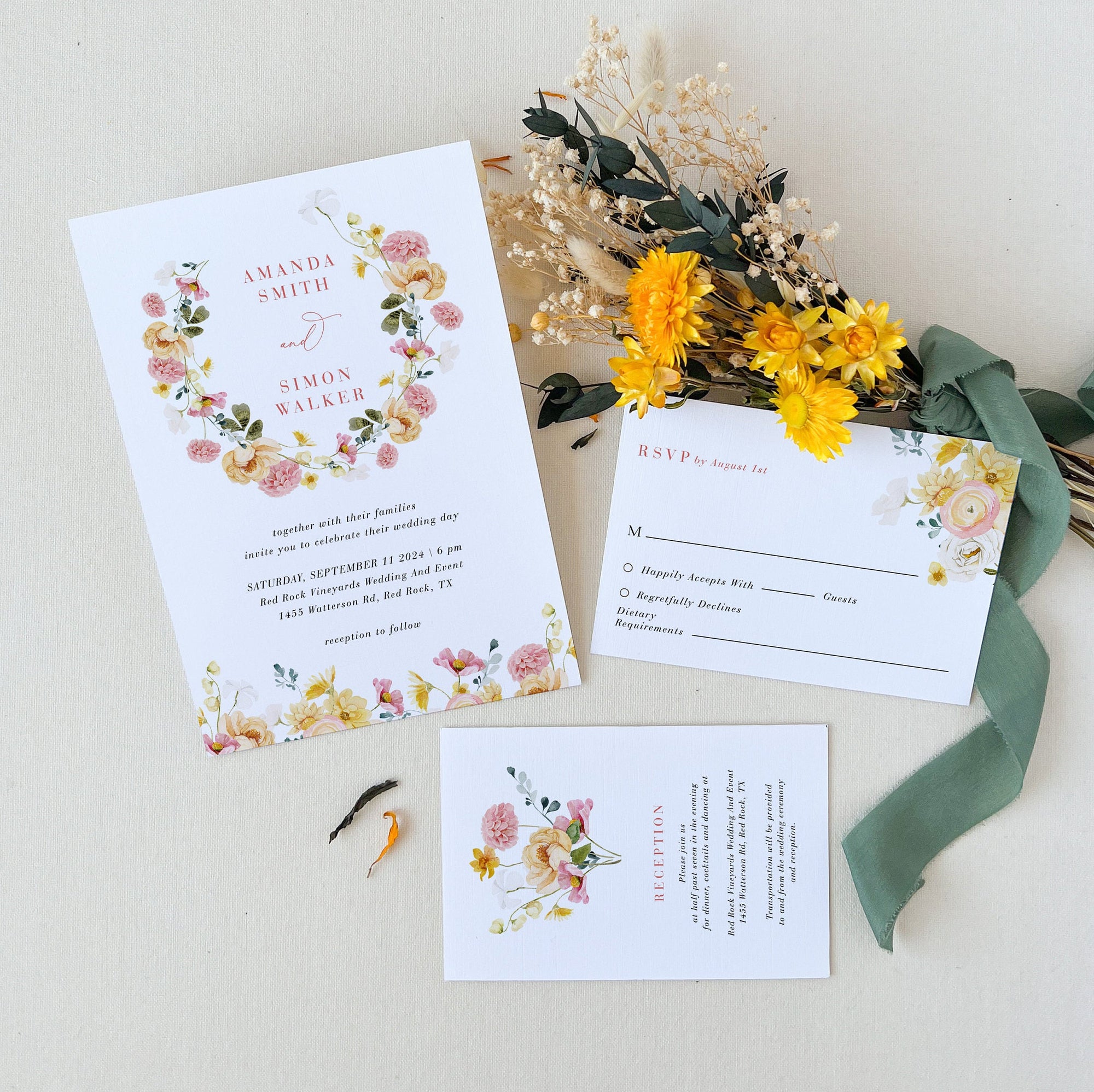 JUNE Floral Wedding Invitation Card with Rsvp