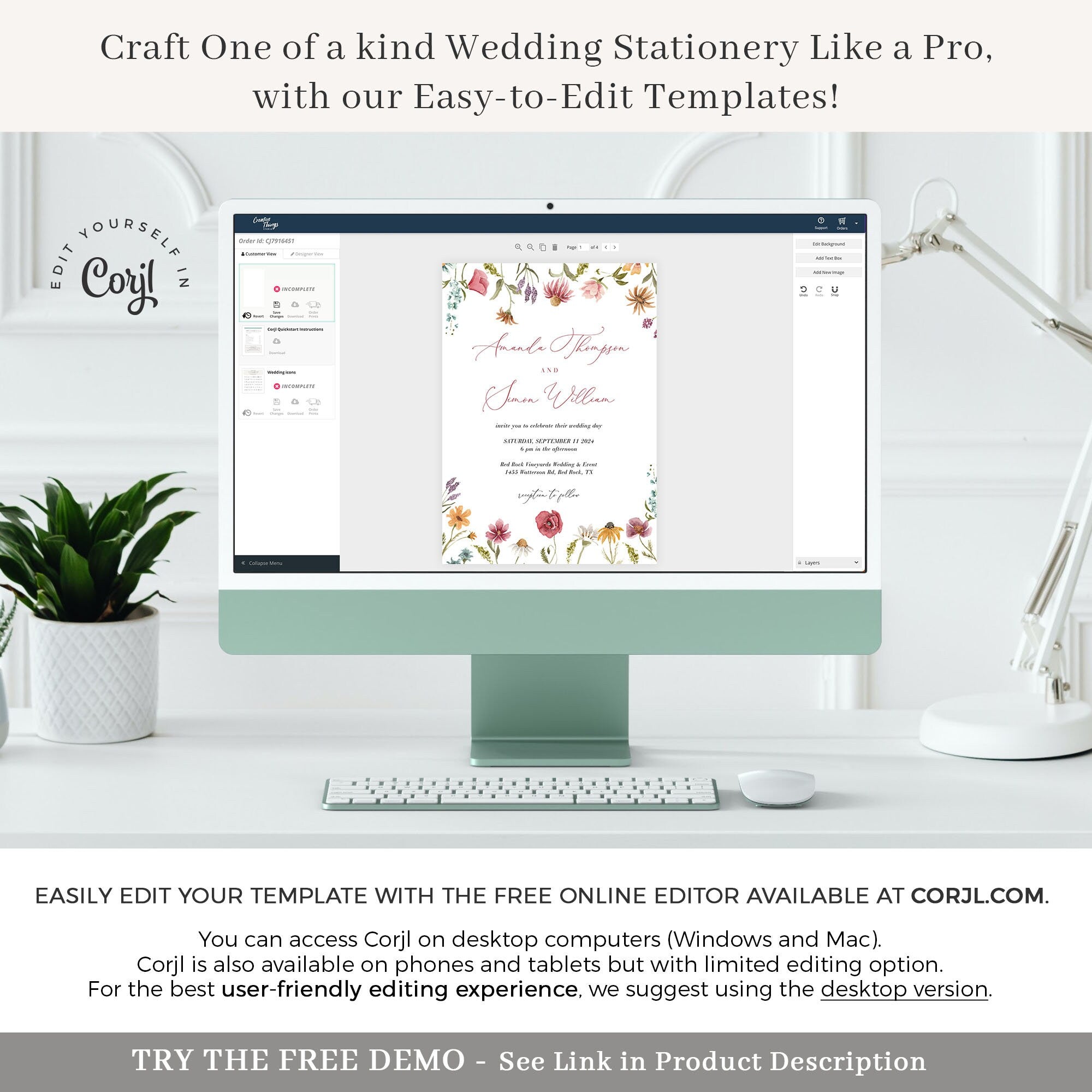 APRIL Watercolor Flower Wedding Invitation Suite Template