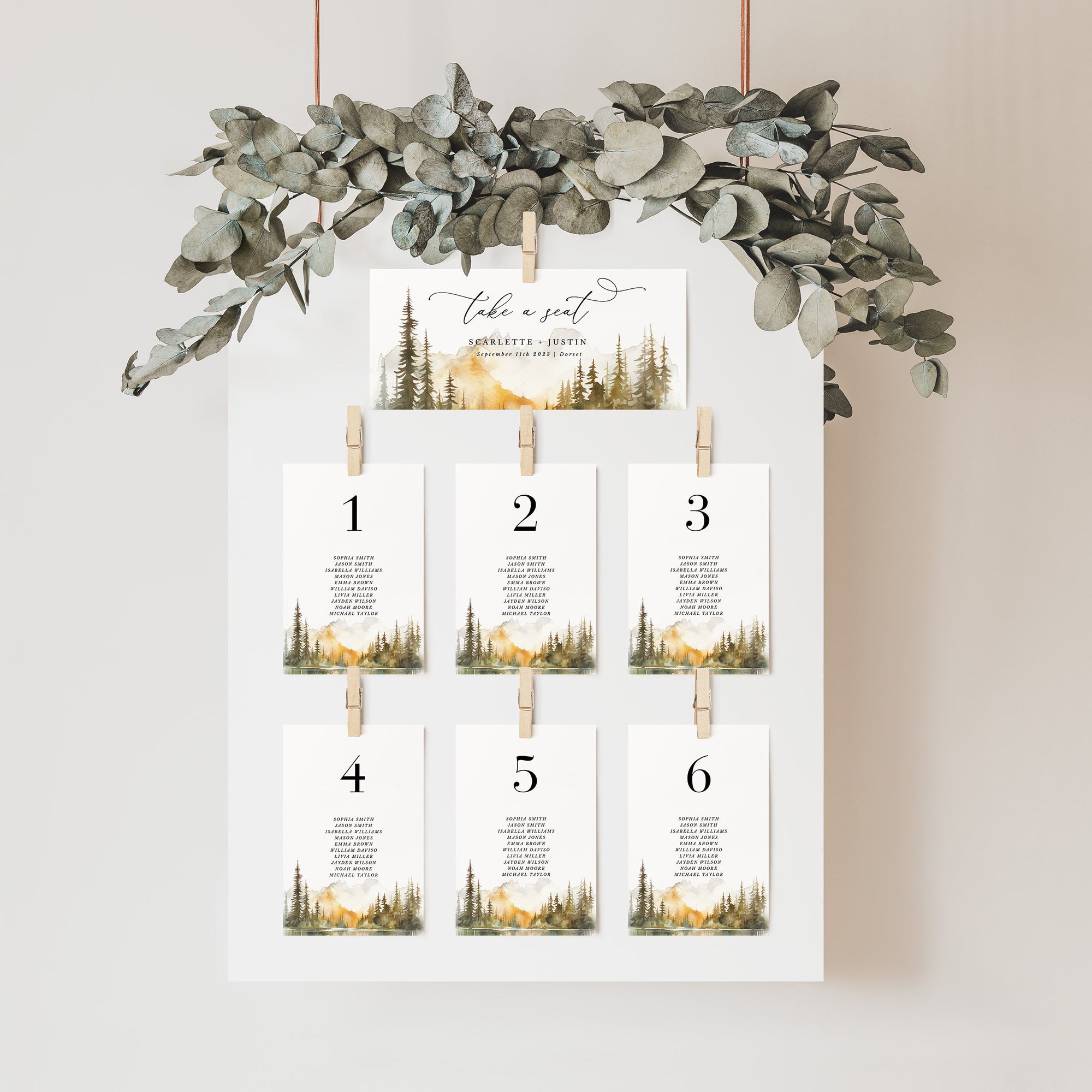ARNA Fall Mountain Wedding Seating Chart Card Template
