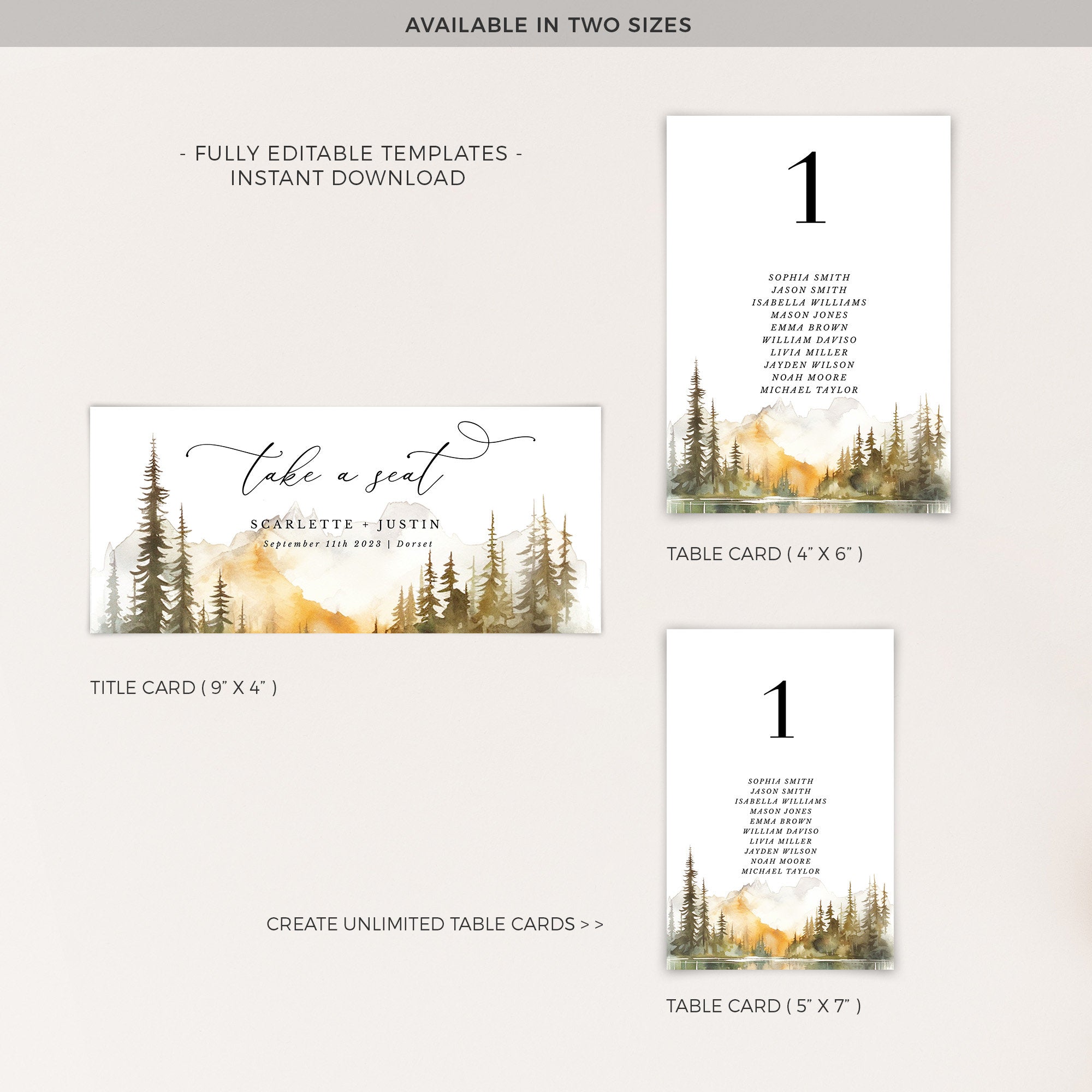 ARNA Fall Mountain Wedding Seating Chart Card Template