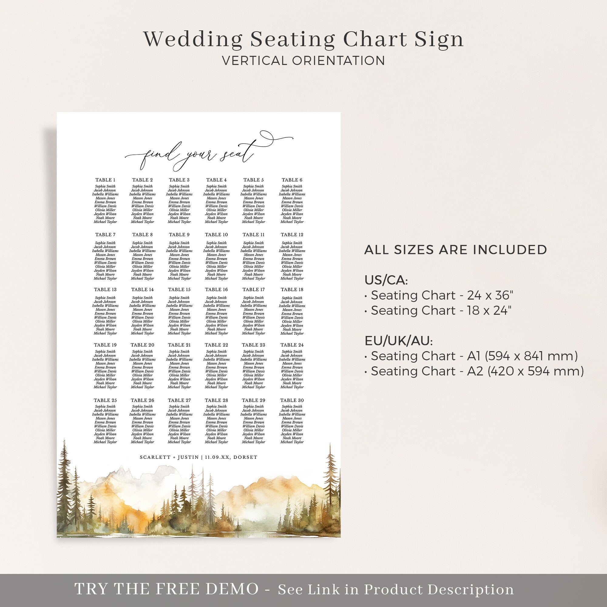 ARNA Printable Mountain Wedding Seating Chart Template