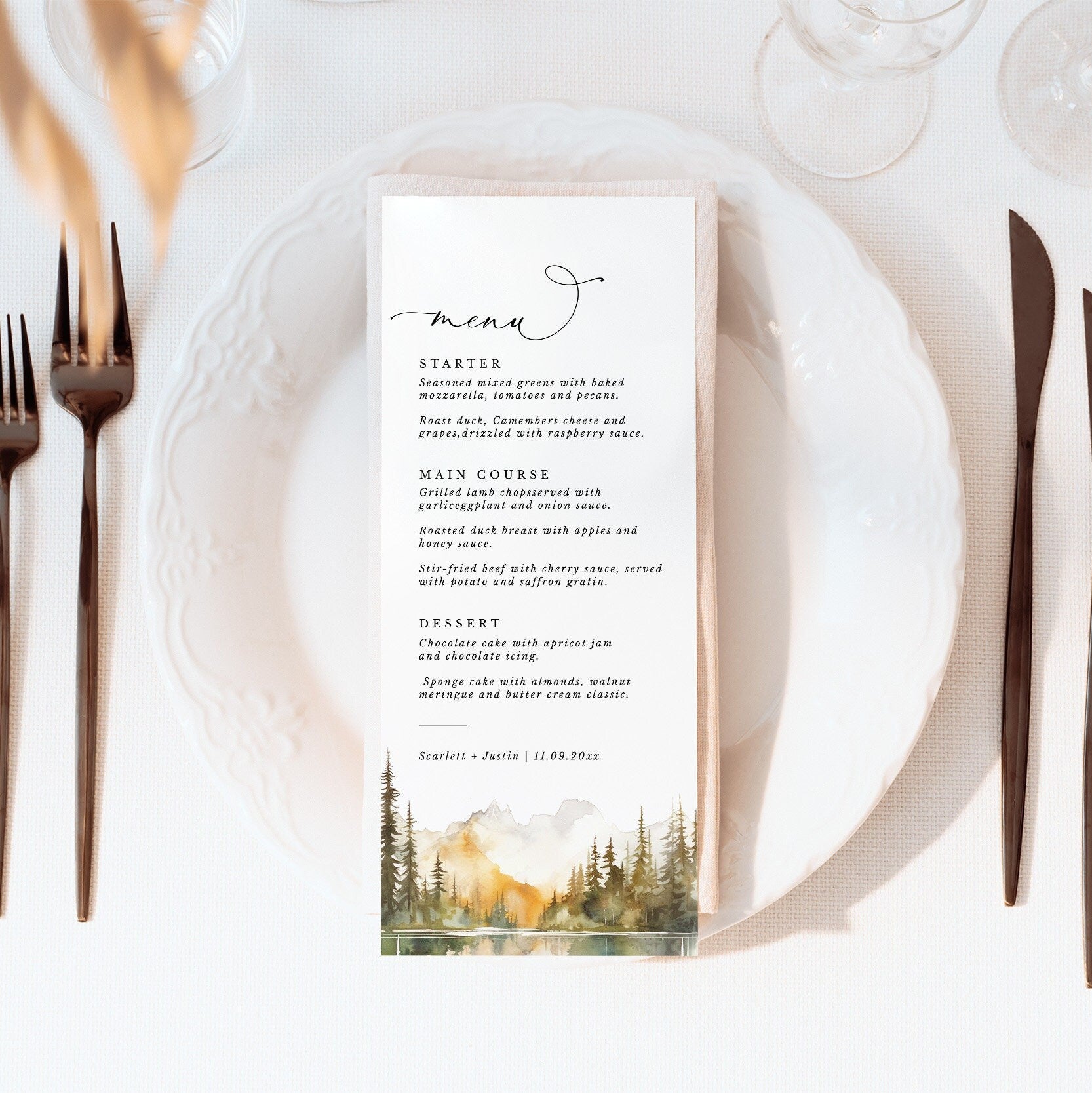 ARNA Fall Mountain Wedding Table Menu Cards