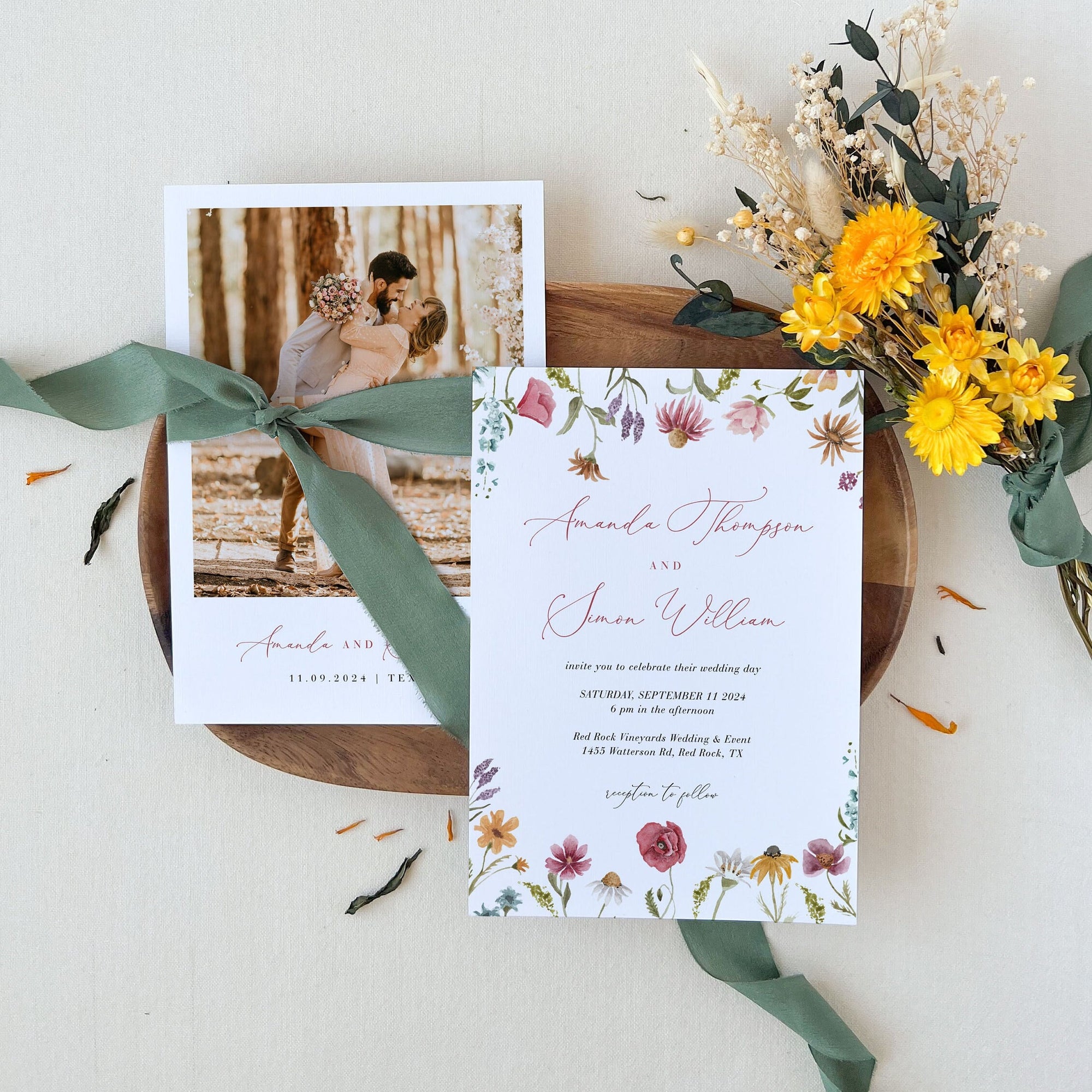 APRIL Watercolor Flower Wedding Invitation Suite Template
