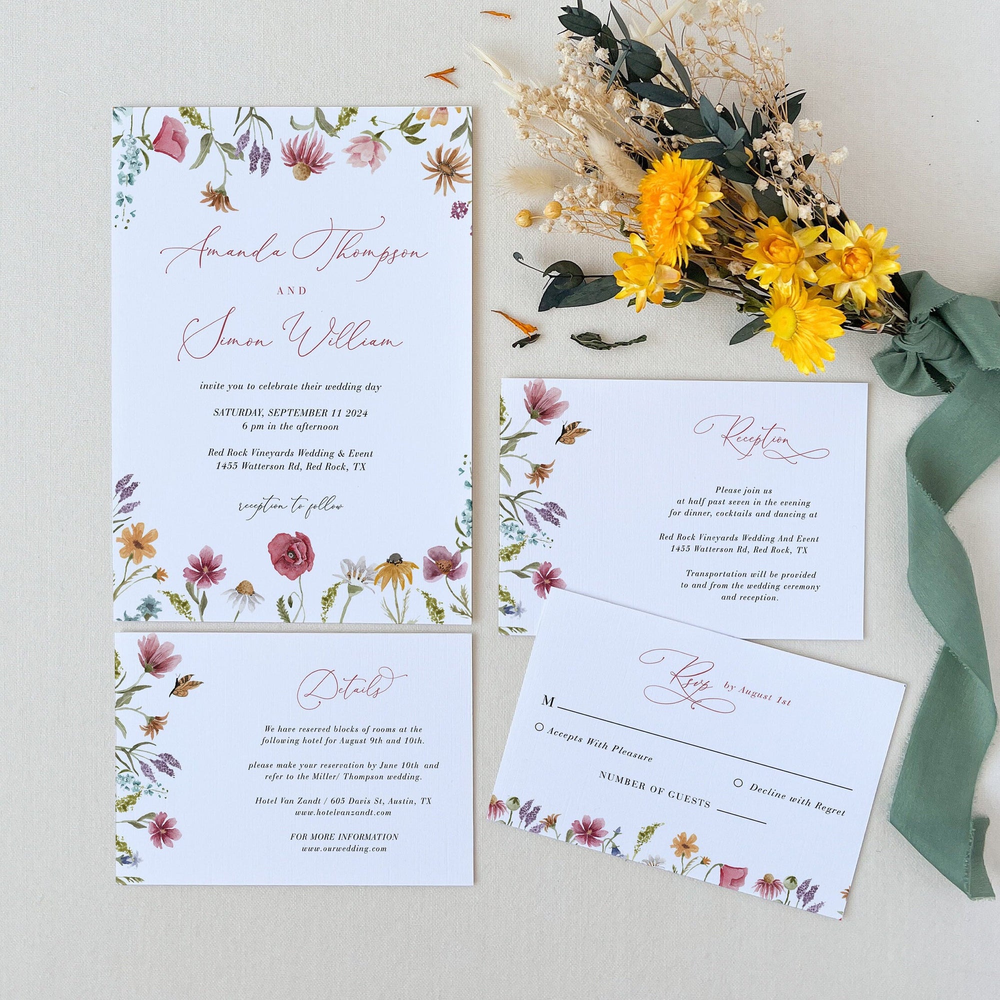 APRIL Watercolor Flower Wedding Invitation Suite Template