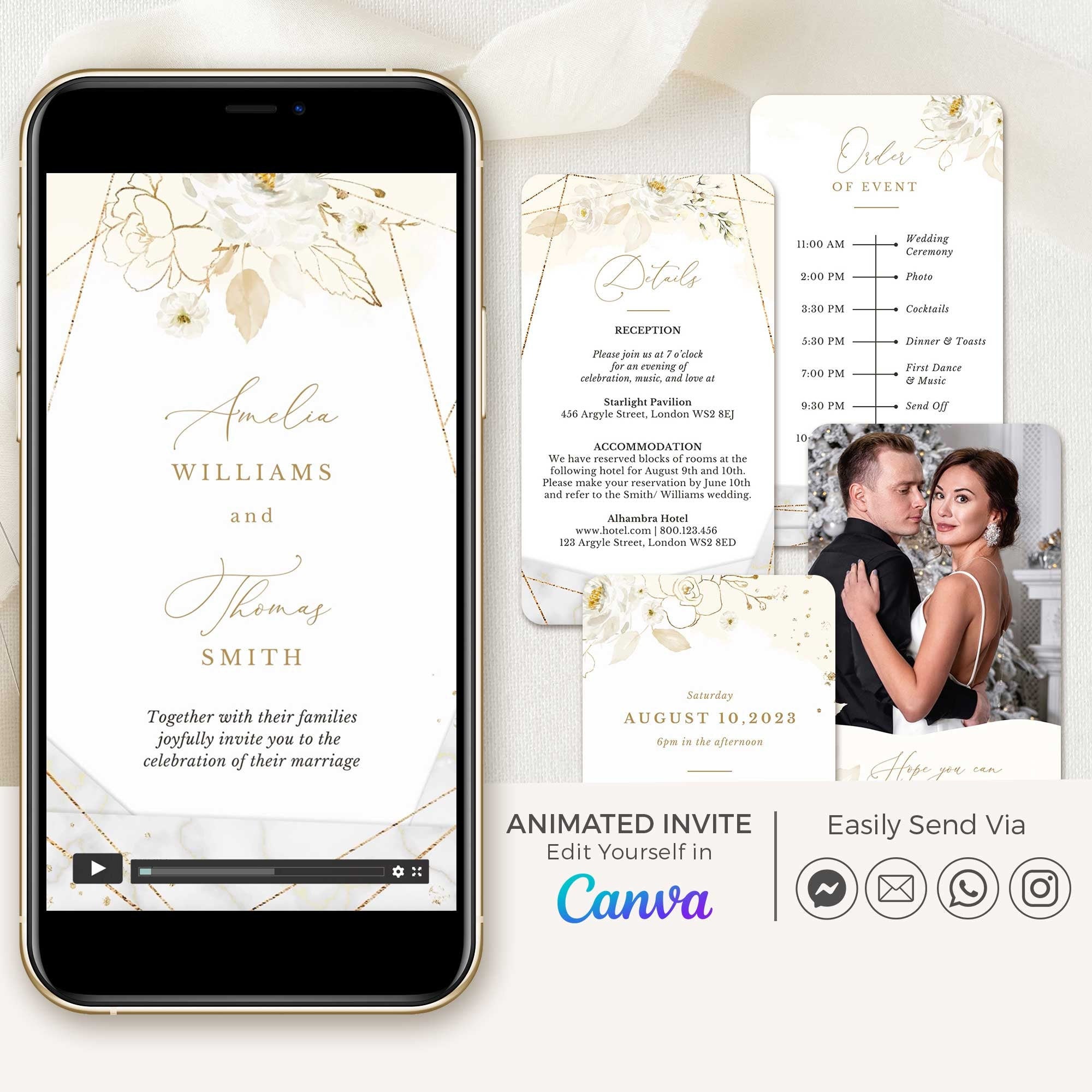 DORA Wedding Invitation Video Template - Ivory & Gold