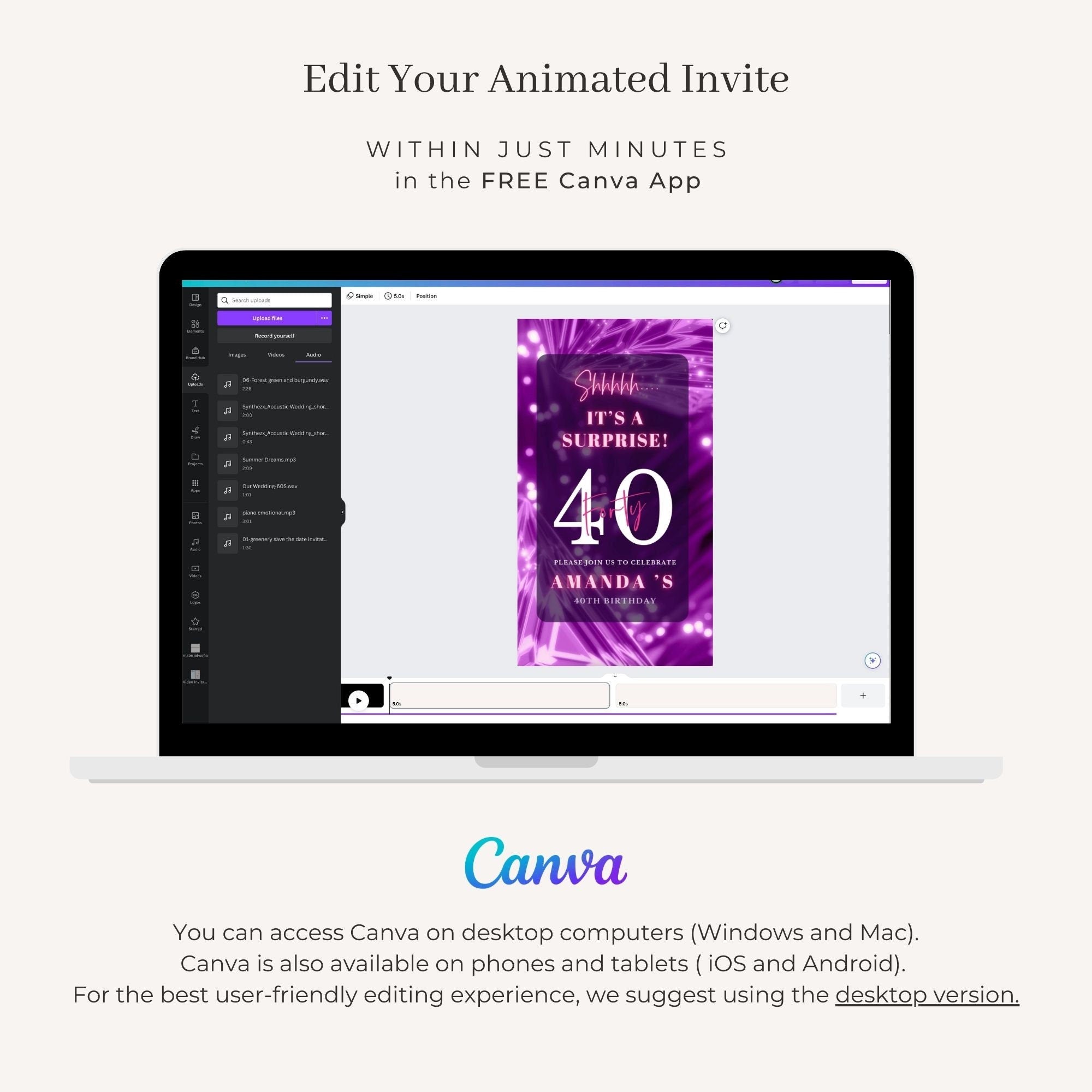 SPARKLE Video Birthday Invitation Purple