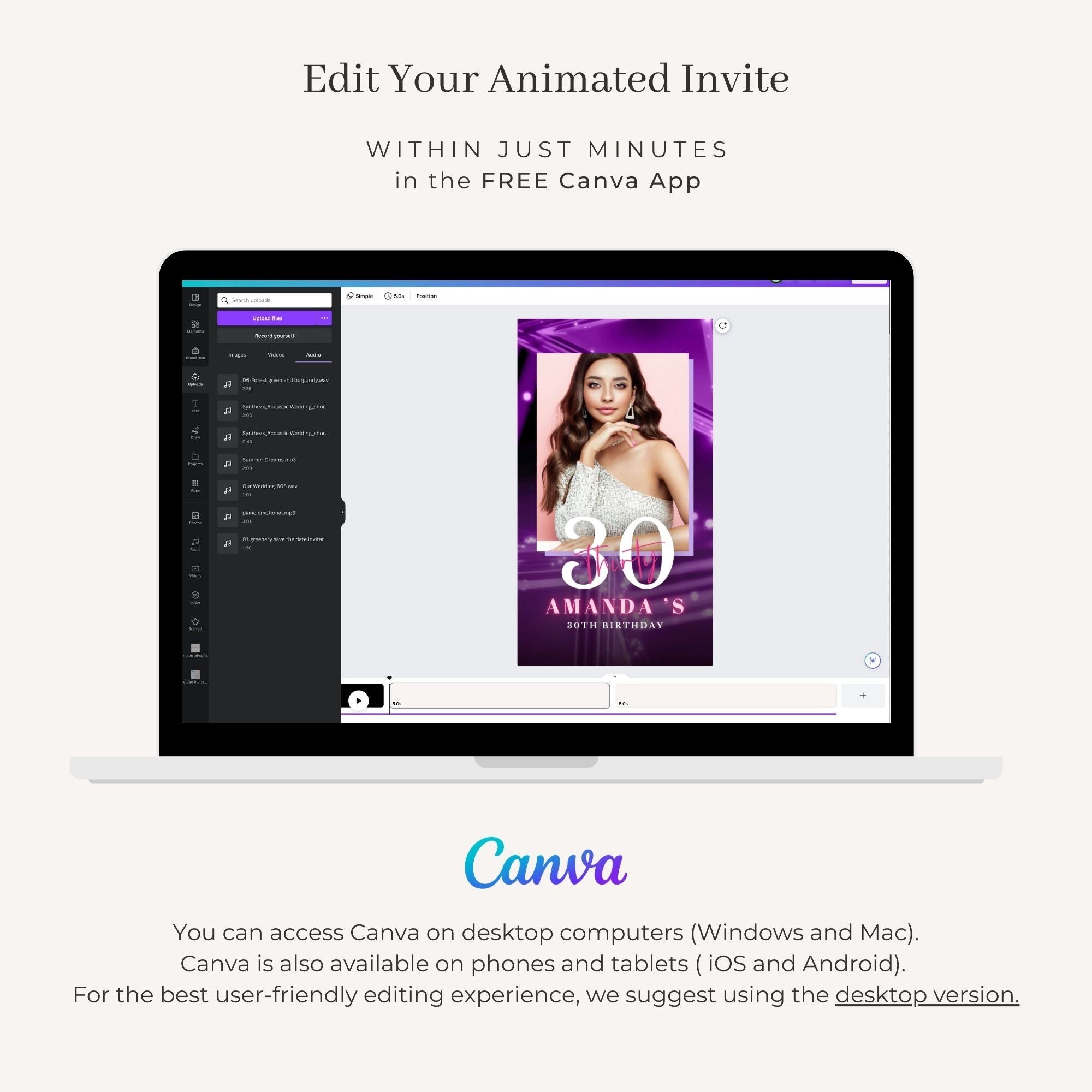 SPARKLE Video Birthday Invitation with Photo Purple