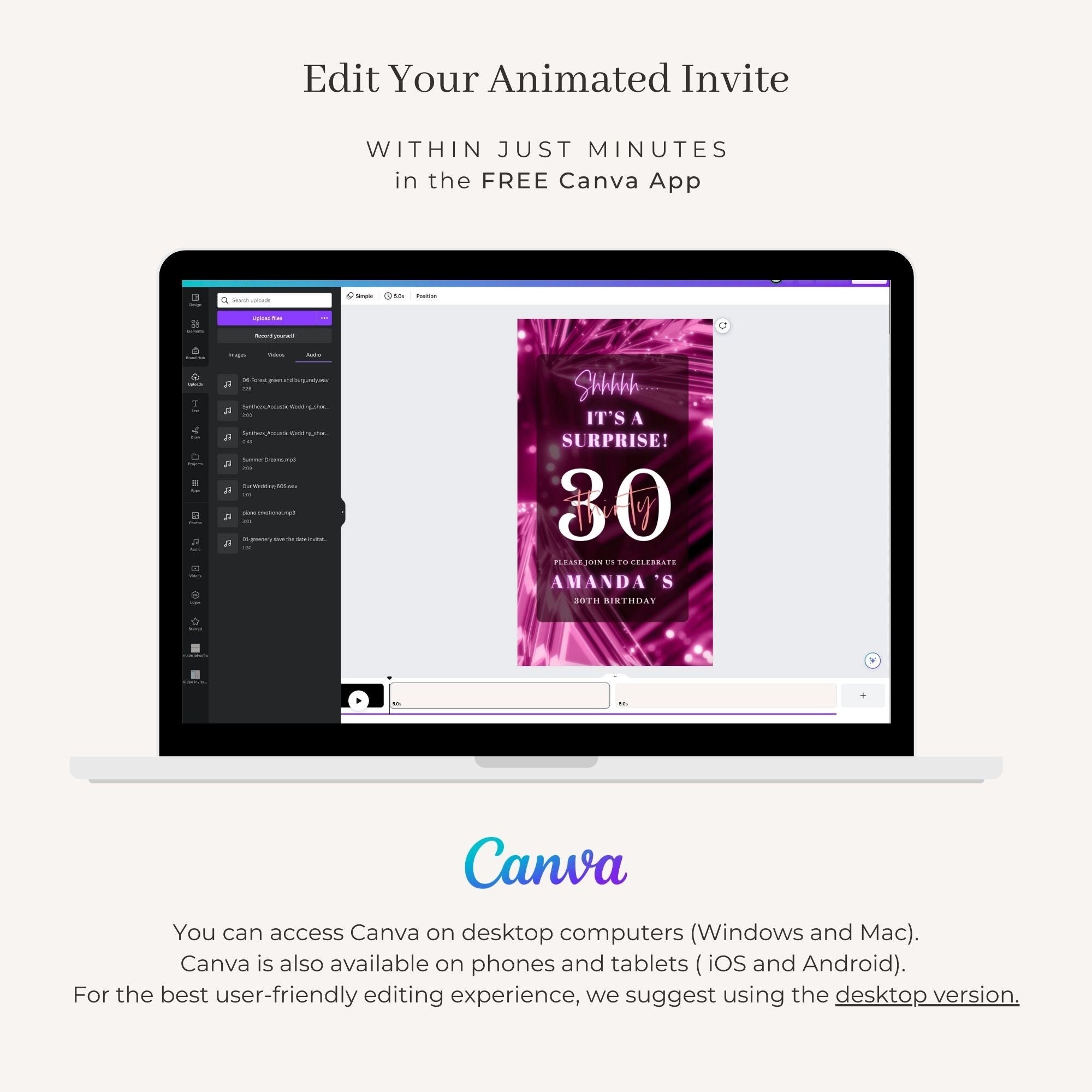 SPARKLE Video Birthday Invitation Fuchsia