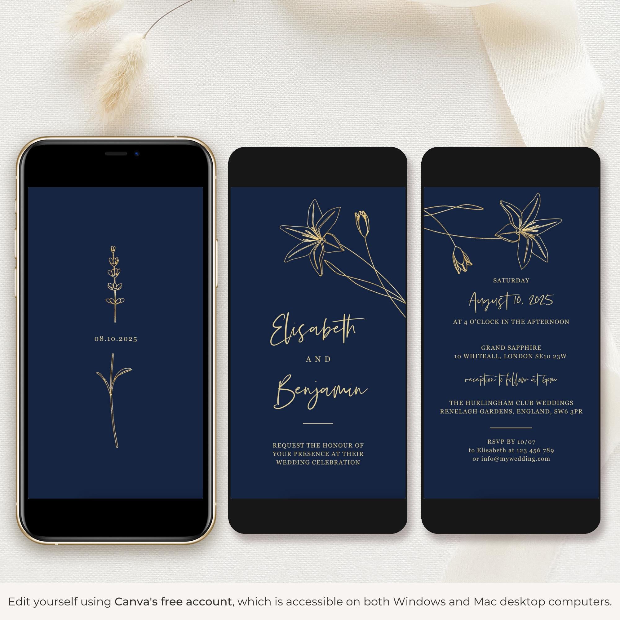 GIGLIOLA Wedding Invitation Video Template - Navy &amp; Gold