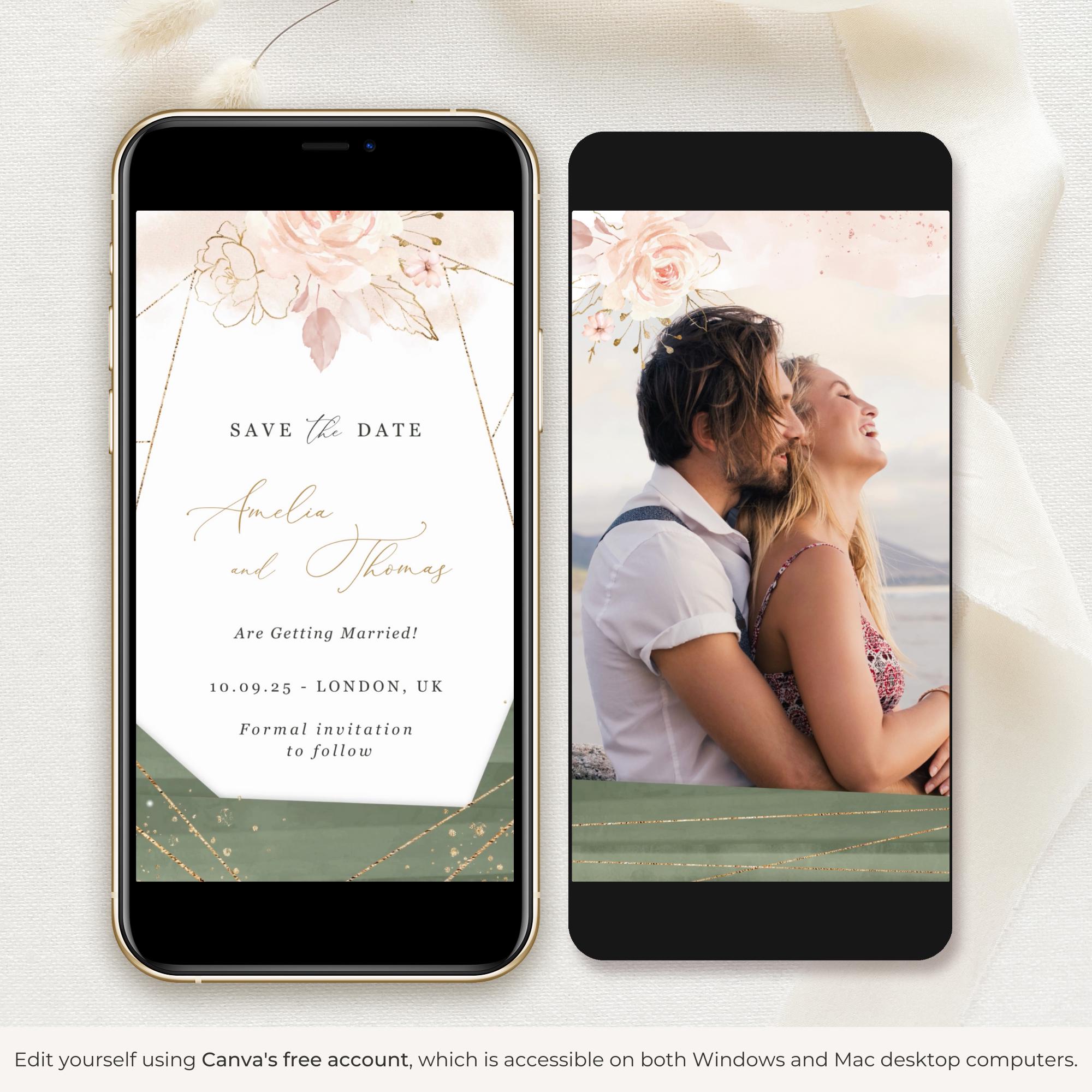 ANTEA Save the Date Video Template - Sage Green &amp; Blush