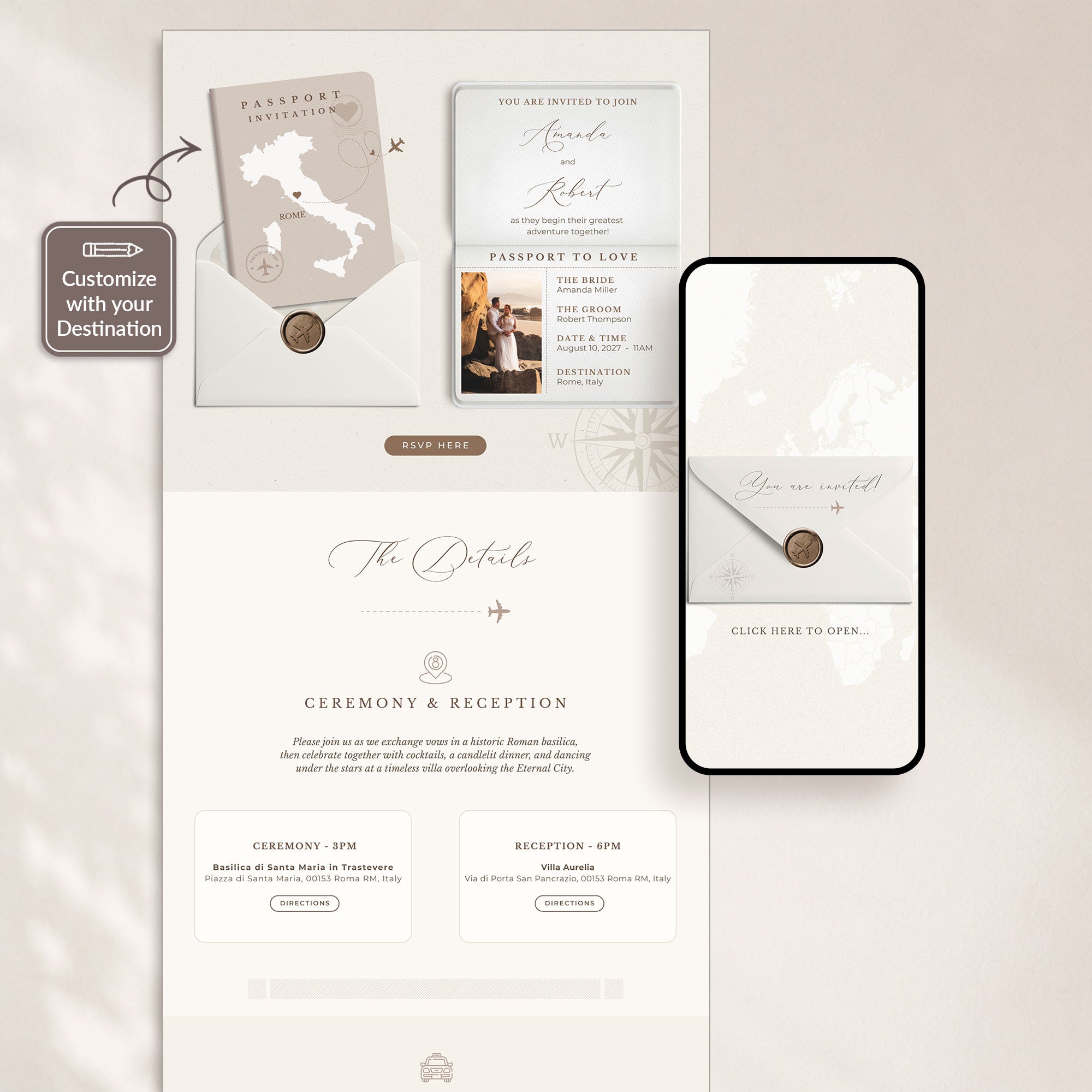 SOFIA Passport Style Online Digital Wedding Invitation with RSVP