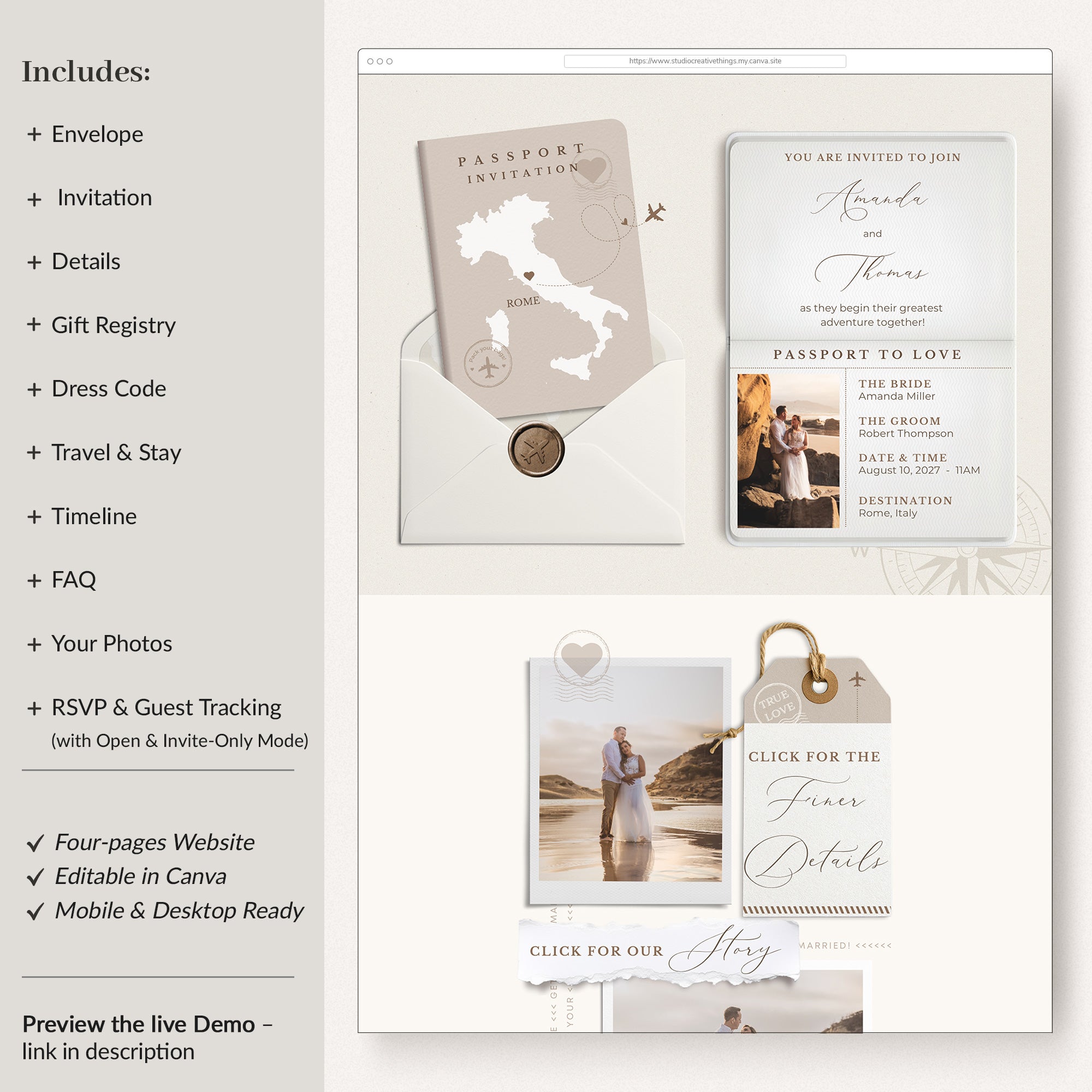 SOFIA Passport-Style Wedding Website Canva Template with RSVP