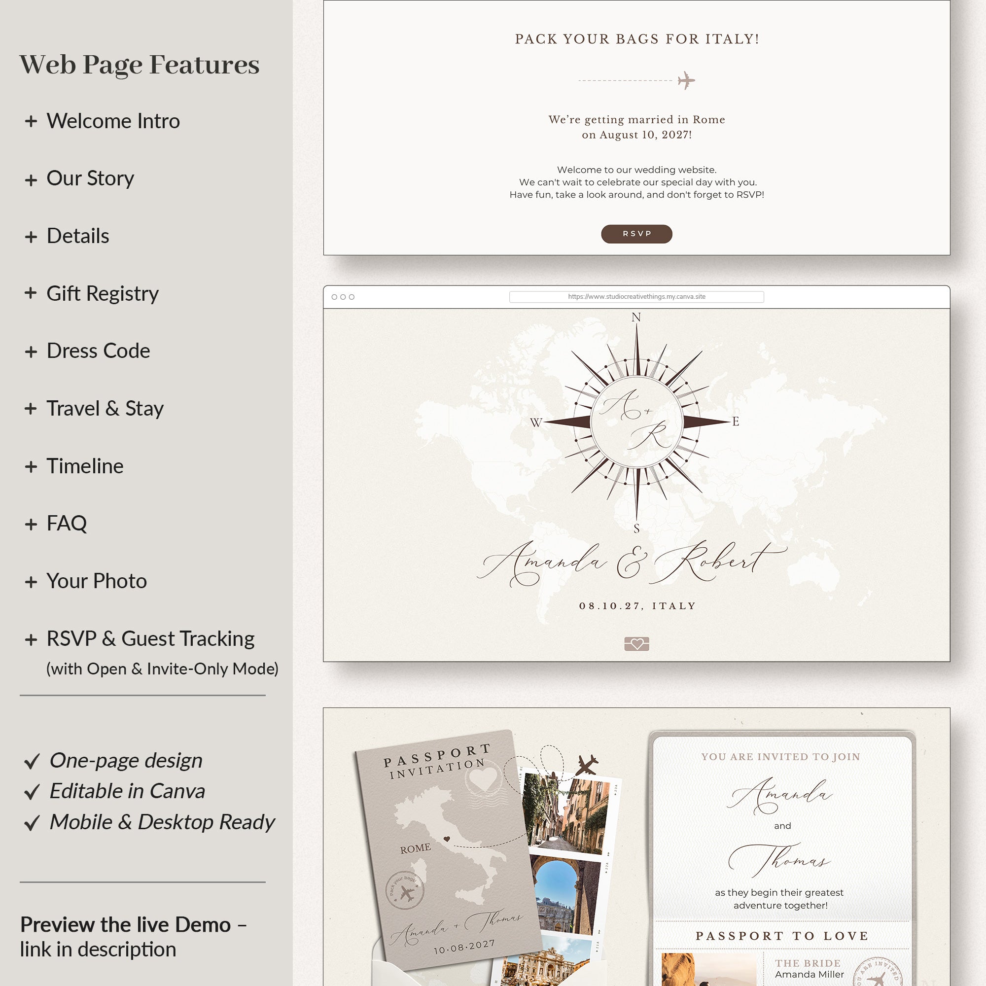 SOFIA Destination Wedding Website Template for Canva with RSVP