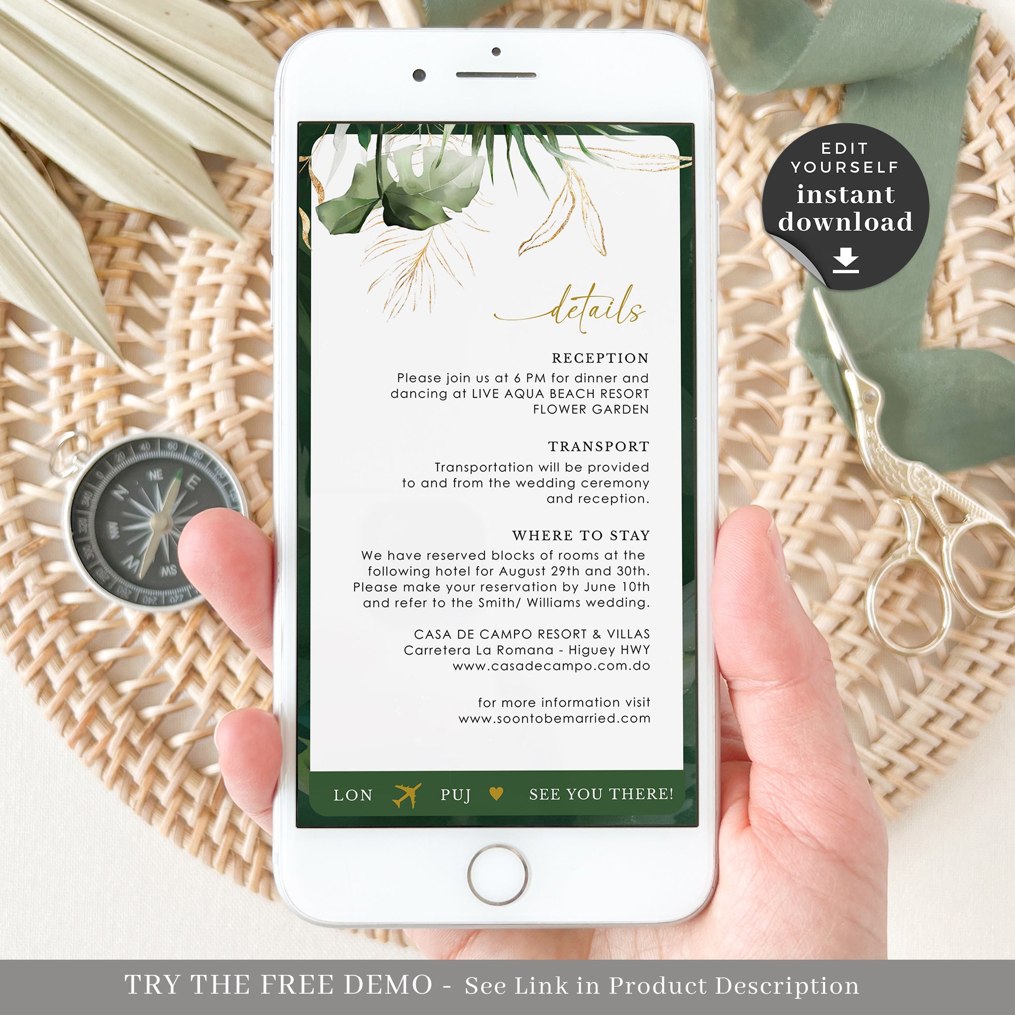 PALMA Tropical Wedding Boarding Pass Wedding Invitation Evite