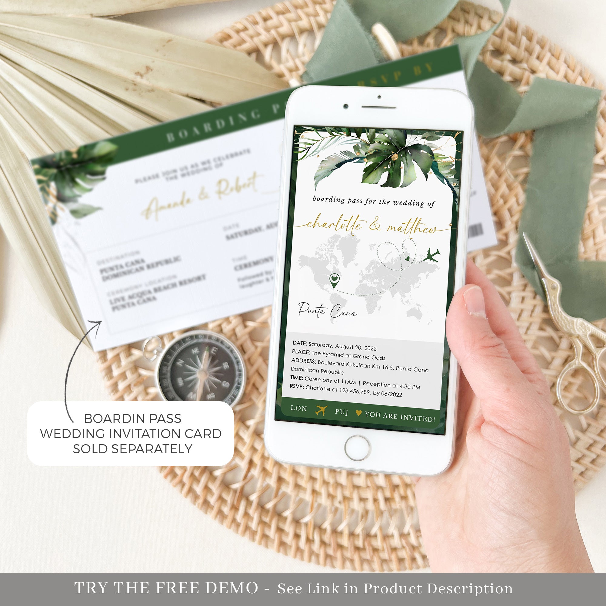 PALMA Tropical Wedding Boarding Pass Wedding Invitation Evite