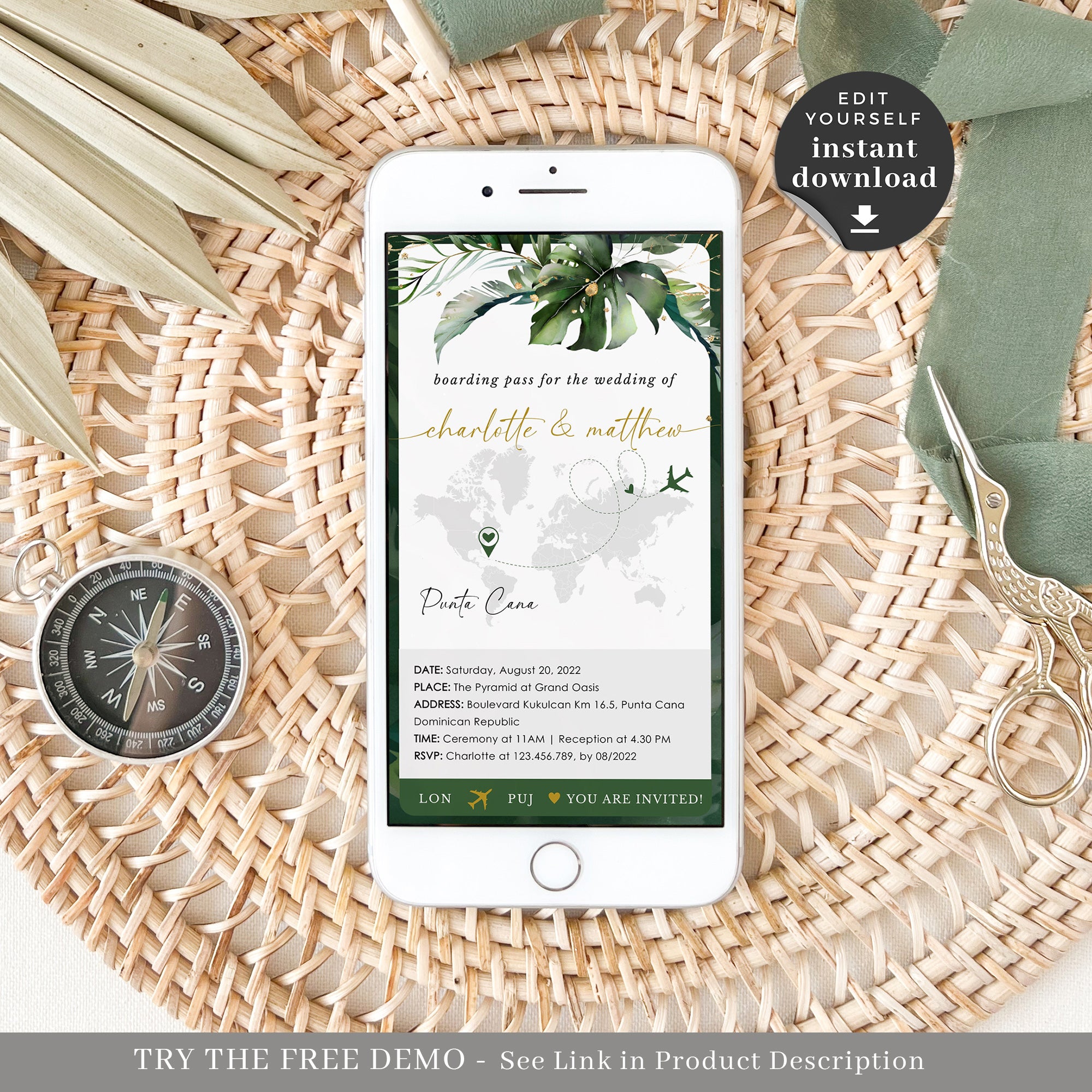PALMA Tropical Wedding Boarding Pass Wedding Invitation Evite