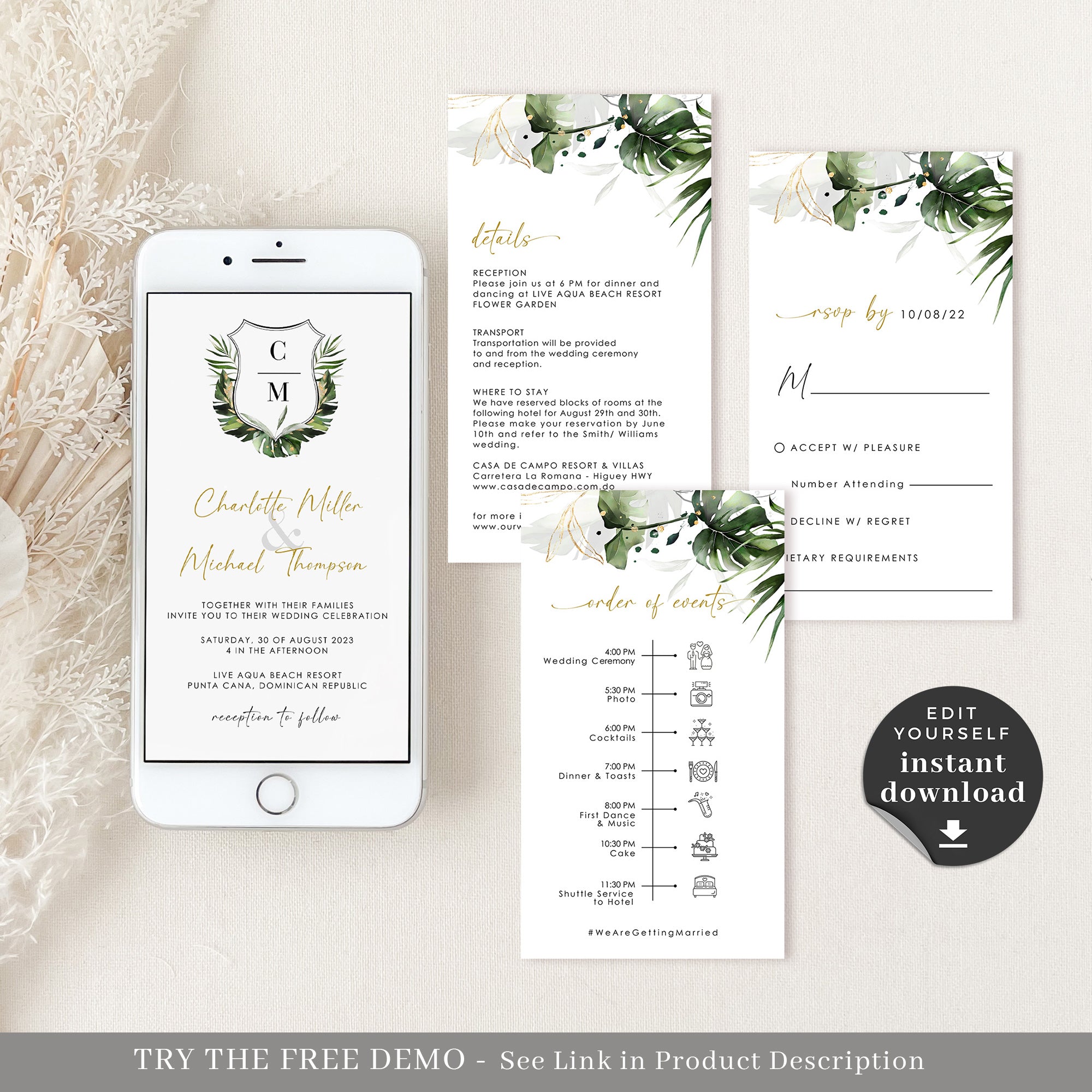 PALMA Tropical Wedding Digital Invites with Rsvp