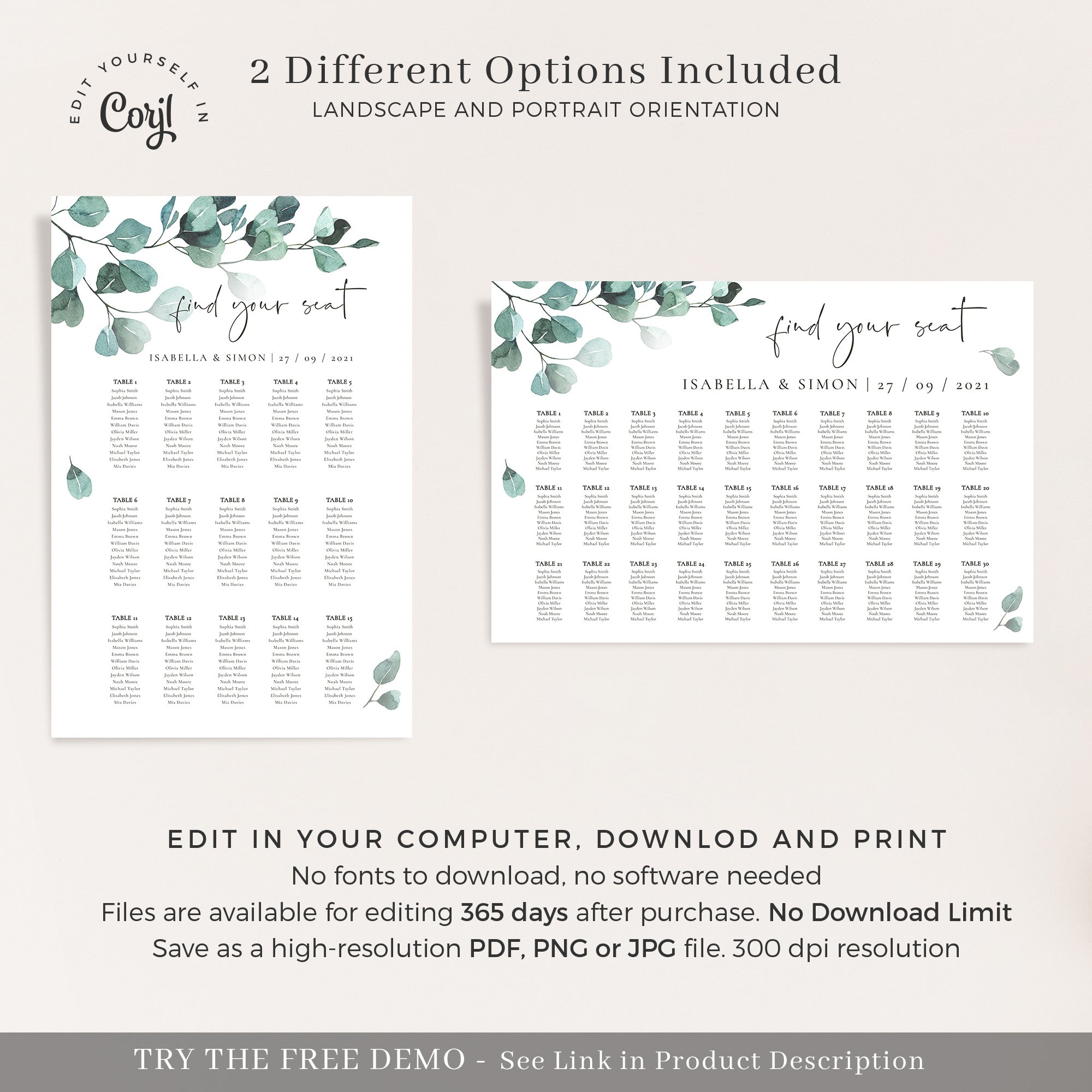 Luisa | Eucalyptus Wedding Seating Plan Template