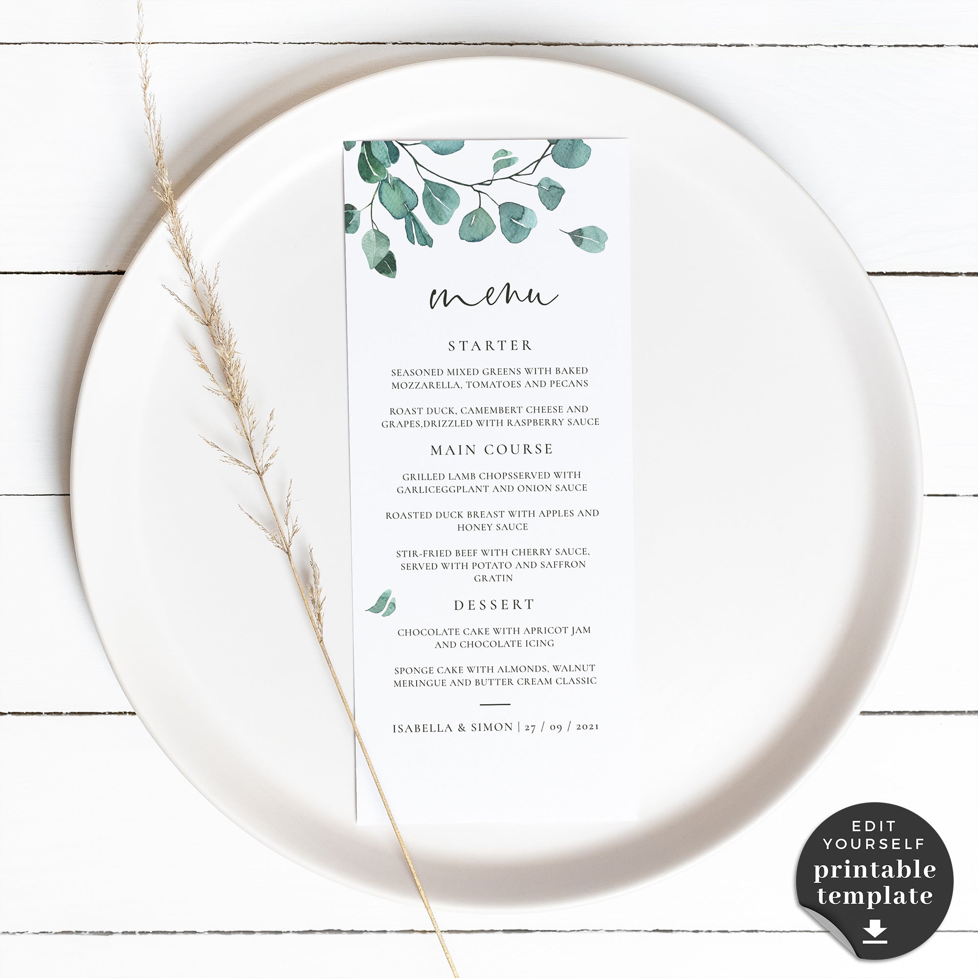 Luisa | Eucalyptus Wedding Menu Template