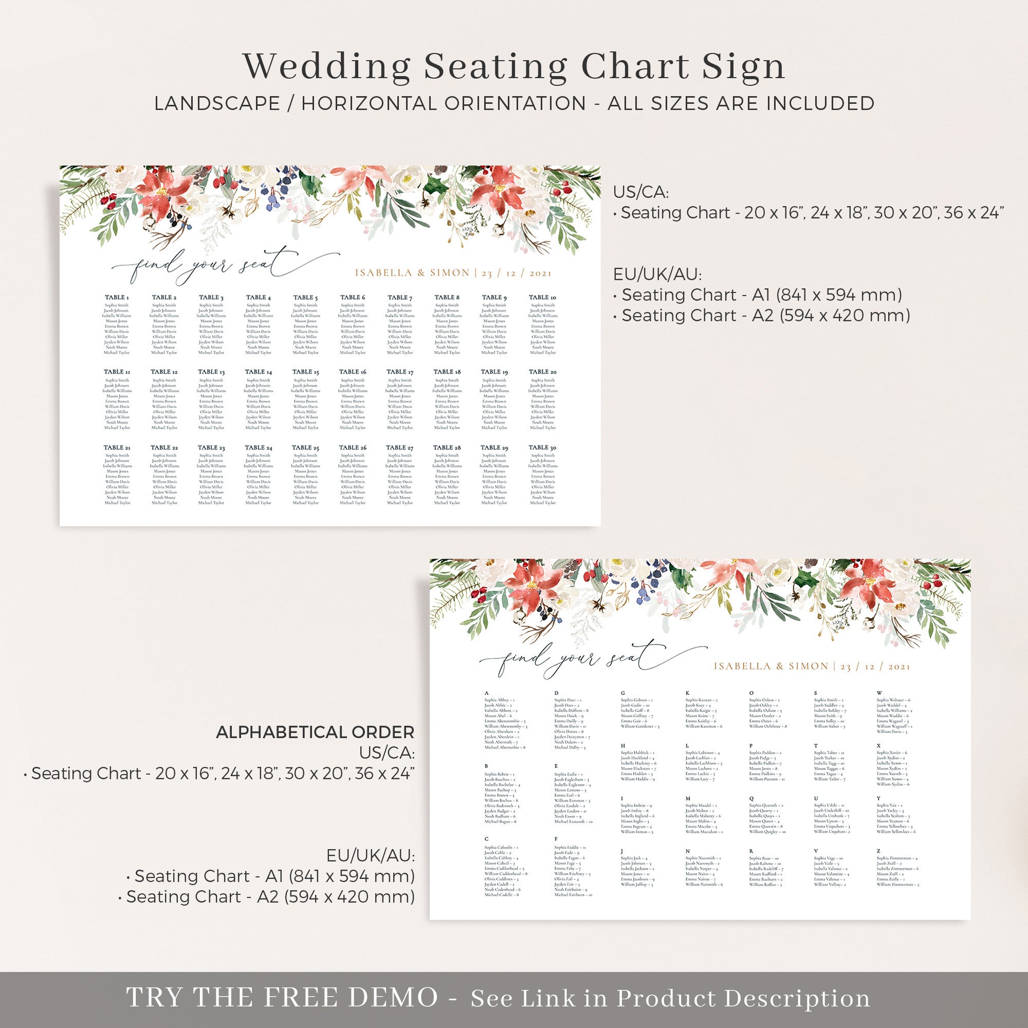 Natalia | Christmas Wedding Seating Chart Template