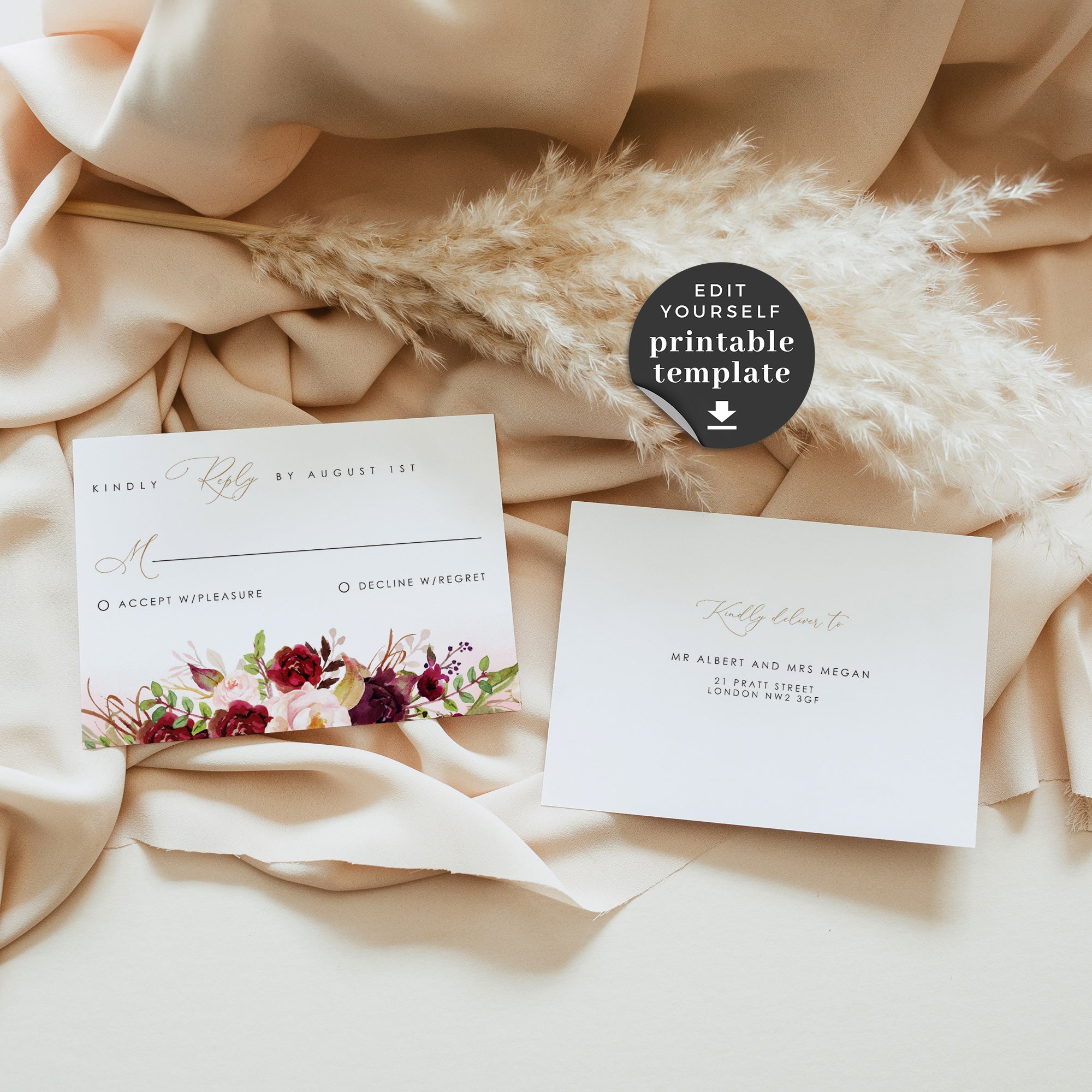Rosita | Blush &amp; Burgundy Wedding Invitation Set Template