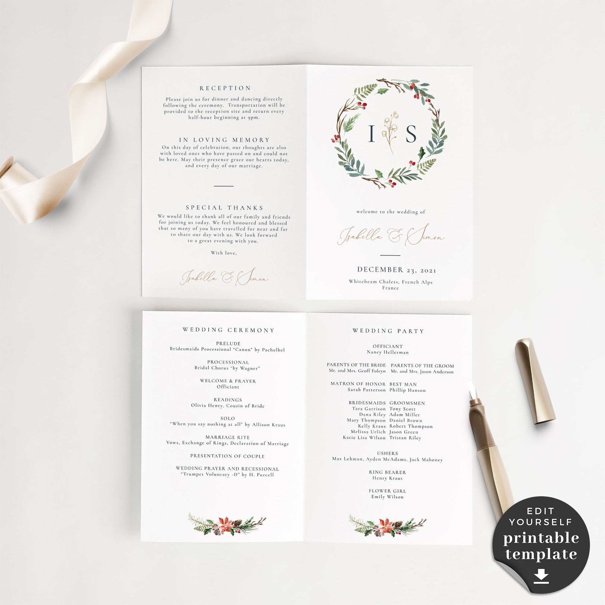 Natalia | Christmas Themed Wedding Program Template