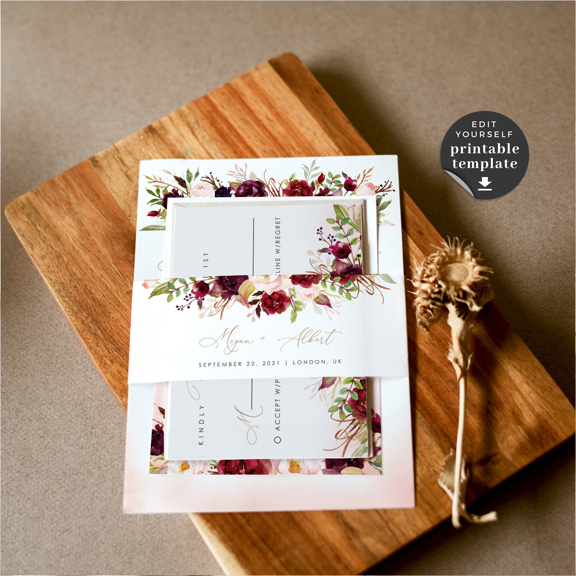 Rosita | Blush &amp; Burgundy Wedding Invitation Set Template