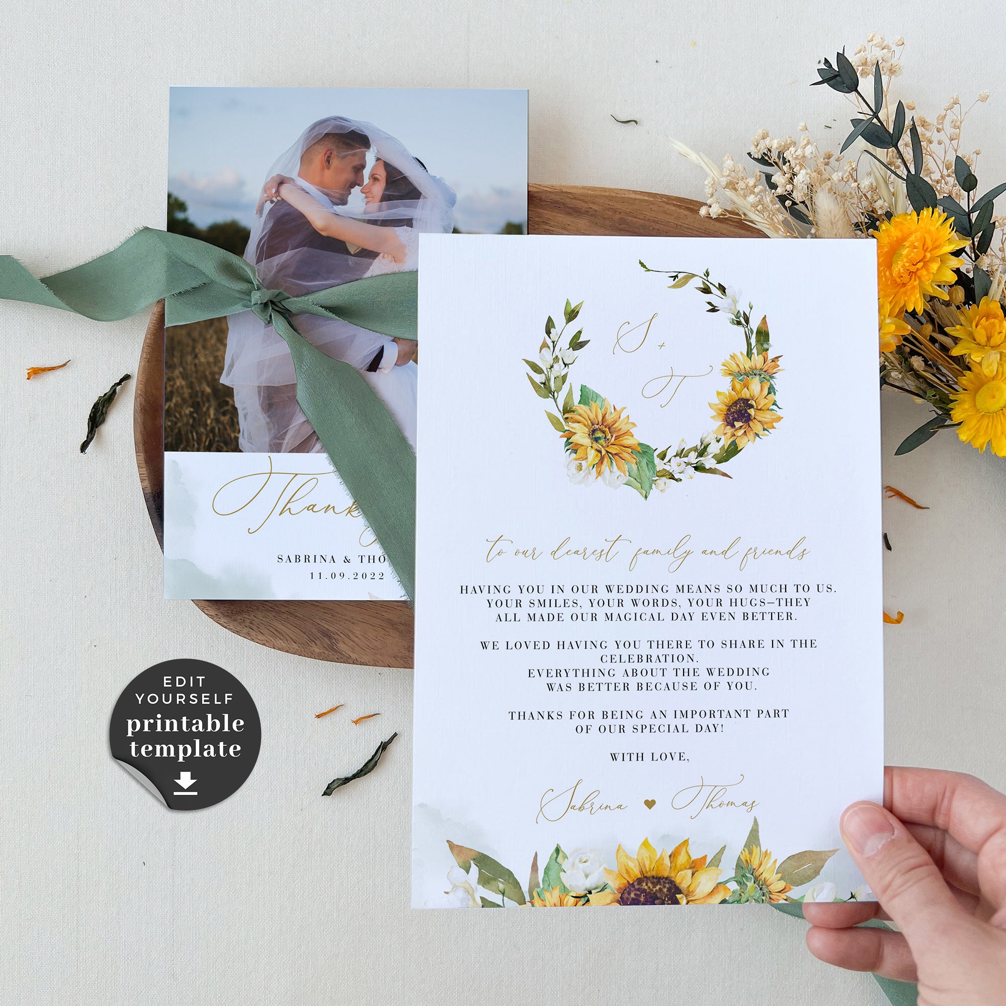 Marisol | Printable Sunflowers Wedding Thank You Cards With Photo