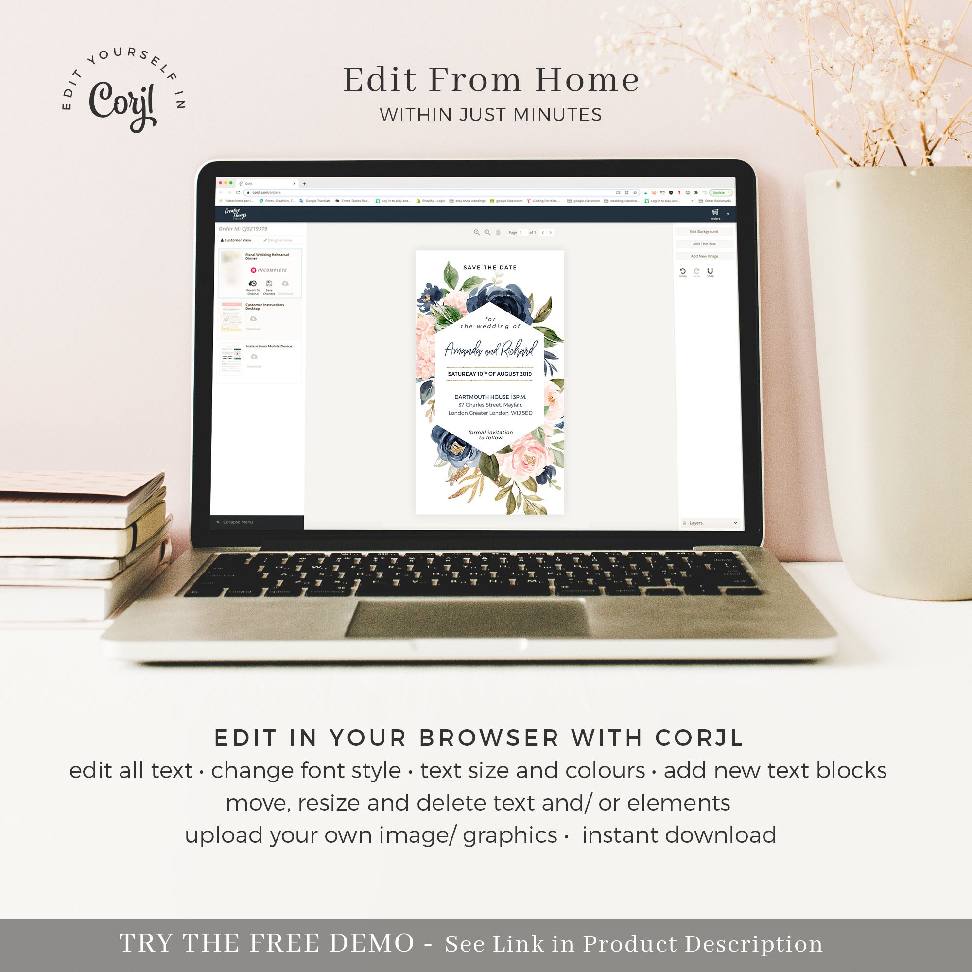 Digital Wedding Invitation Blush Navy &amp; Gold