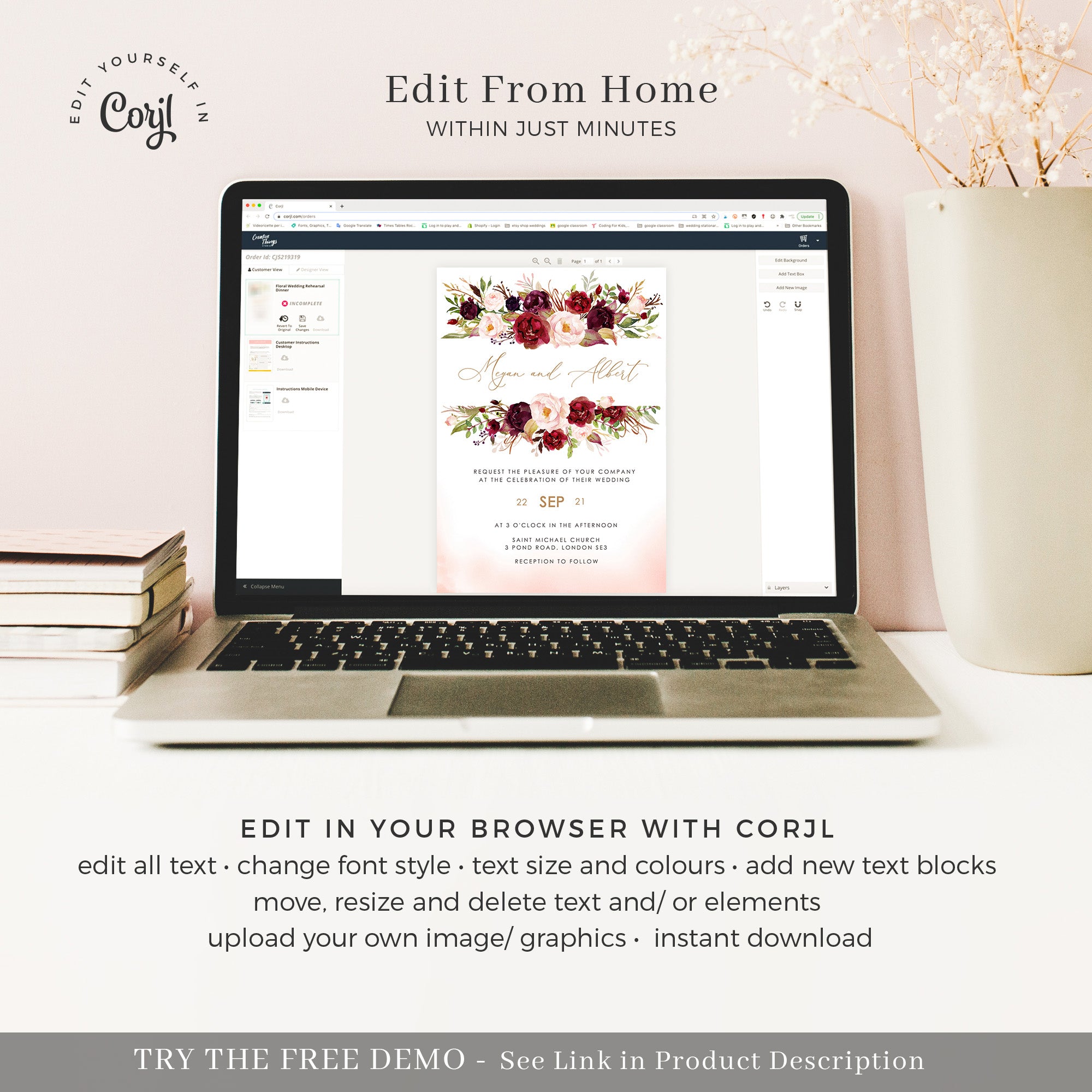 Rosita | Blush &amp; Burgundy Wedding Invitation Set Template
