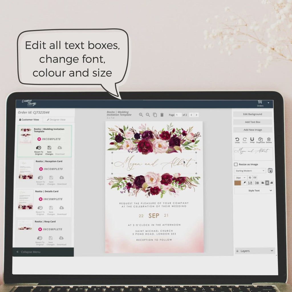 Rosita - Blush & Burgundy wedding invitation suite