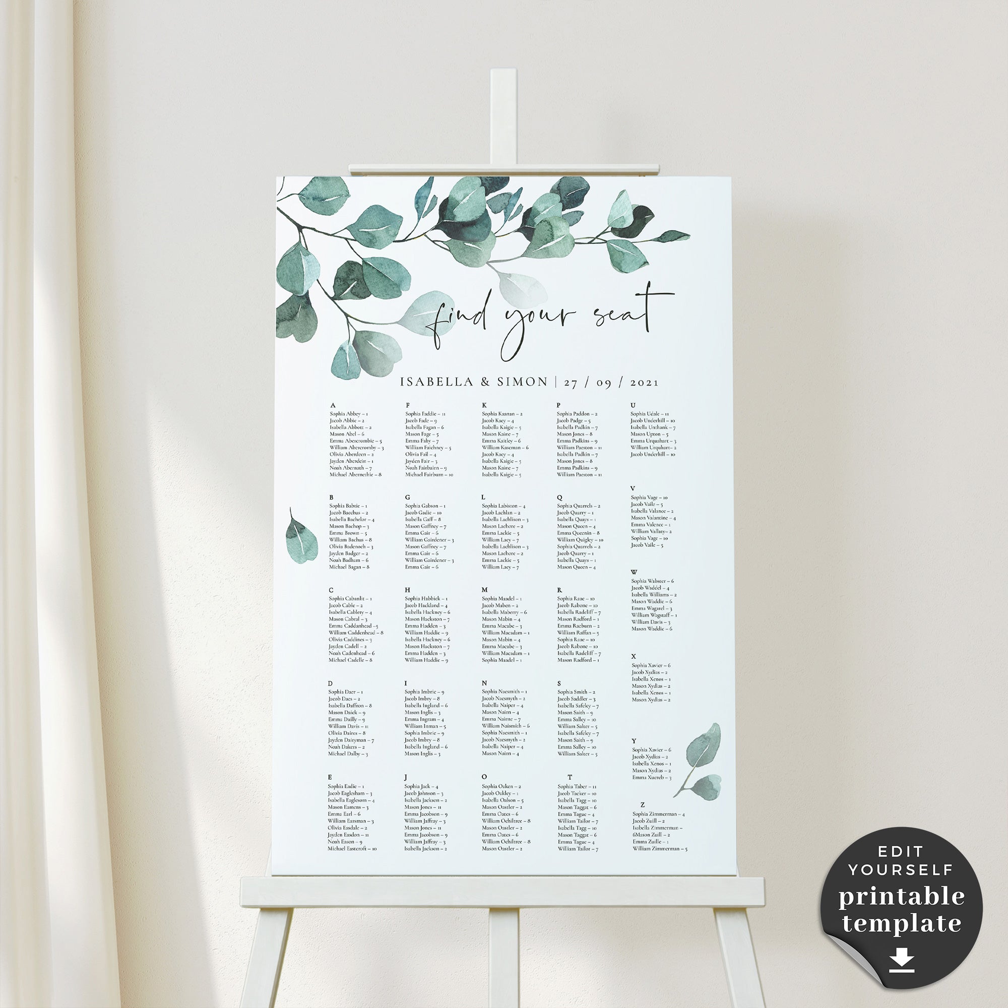 Luisa | Eucalyptus Wedding Seating Plan Template