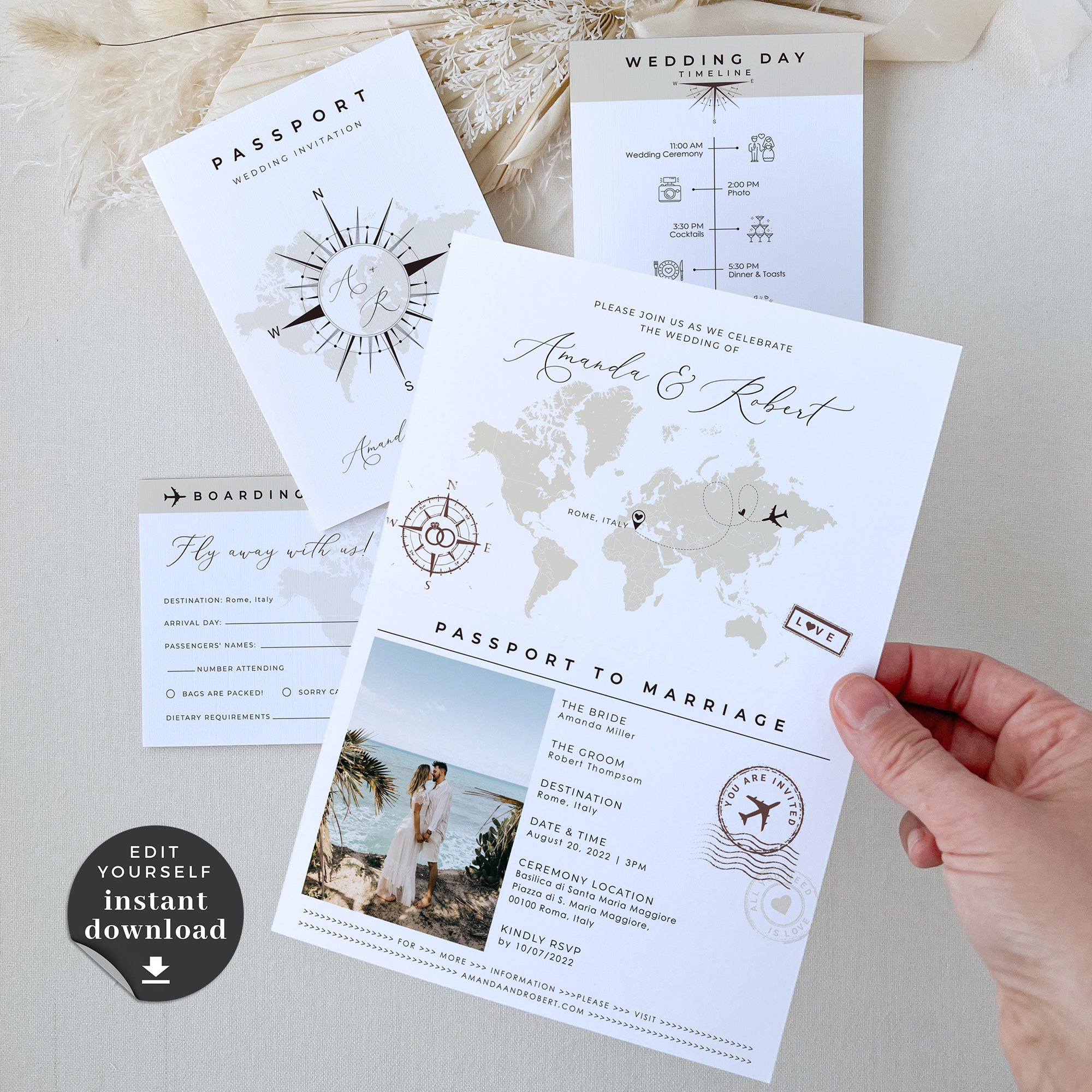 Sofia | Printable Passport Wedding Invitation with Boarding Pass Rsvp