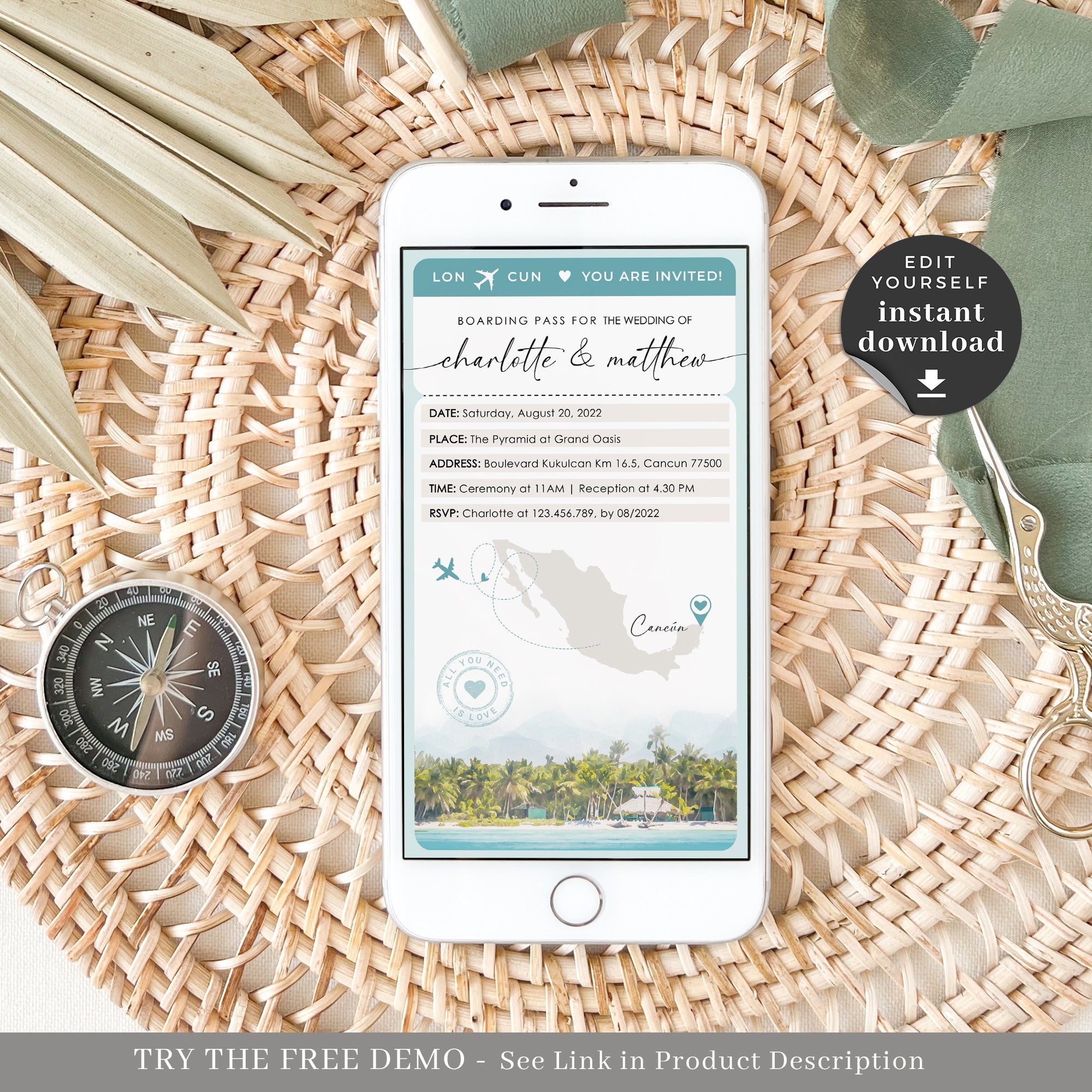 Mira | Boarding Pass Tropical Wedding Invitation Digital