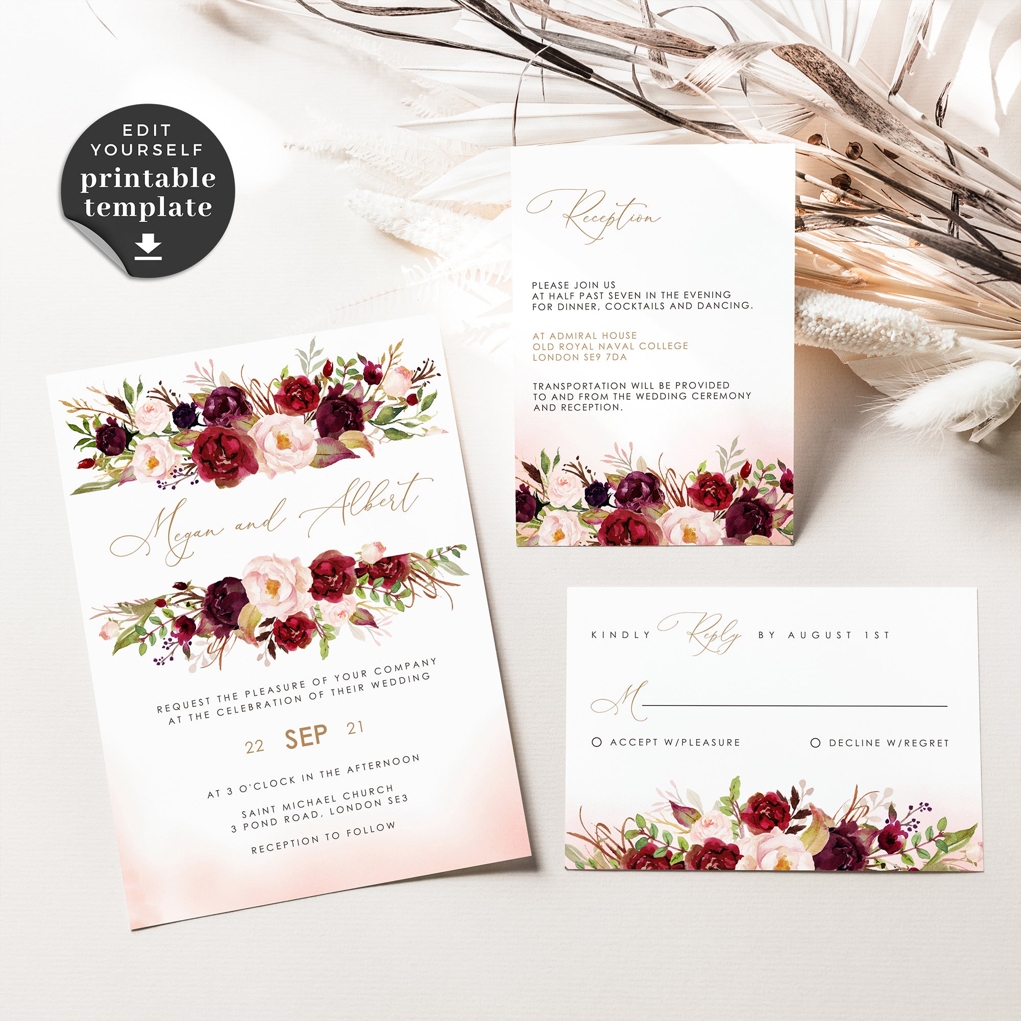 Rosita | Blush &amp; Burgundy Wedding Invitation Set Template
