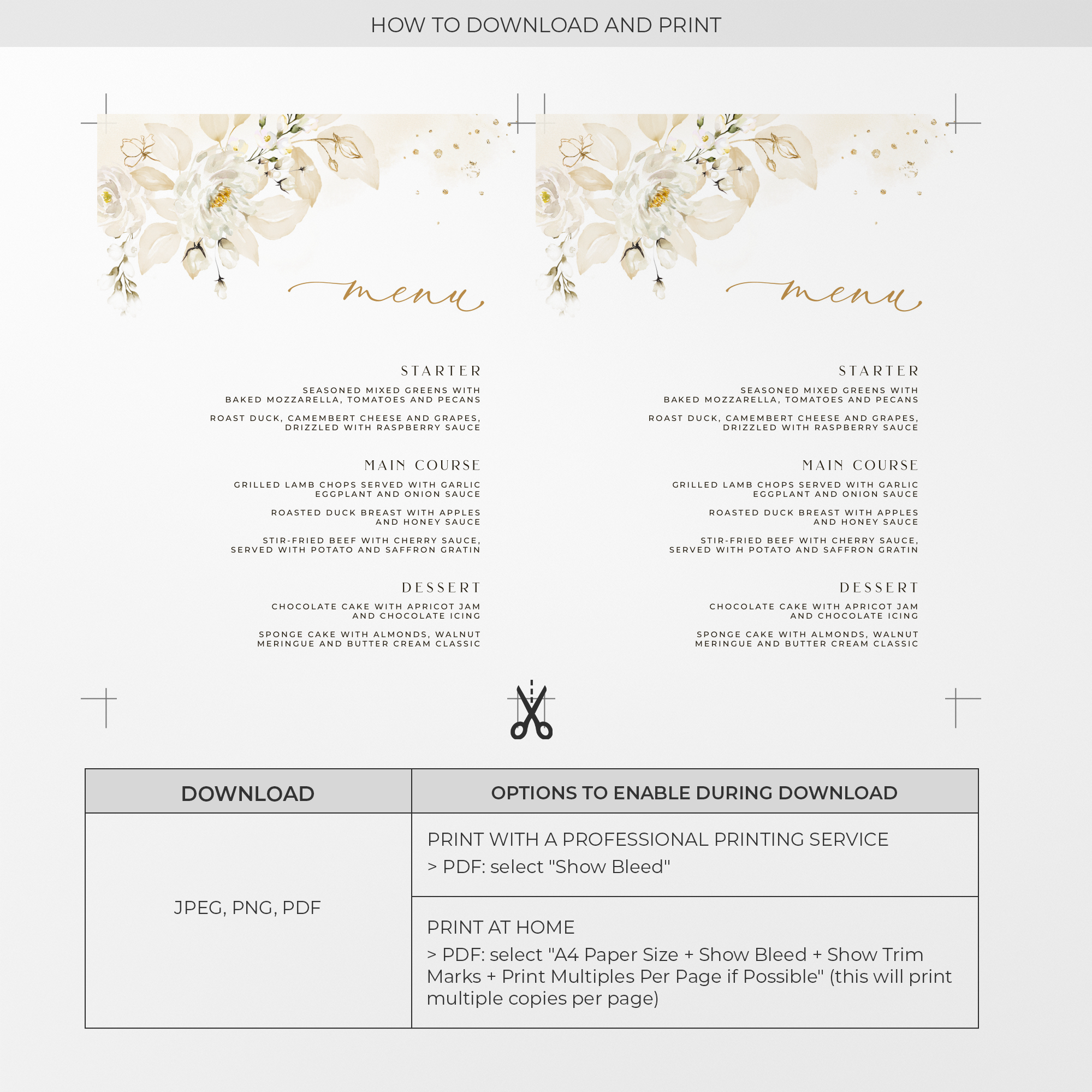 Dora | Printable Wedding Menu Template